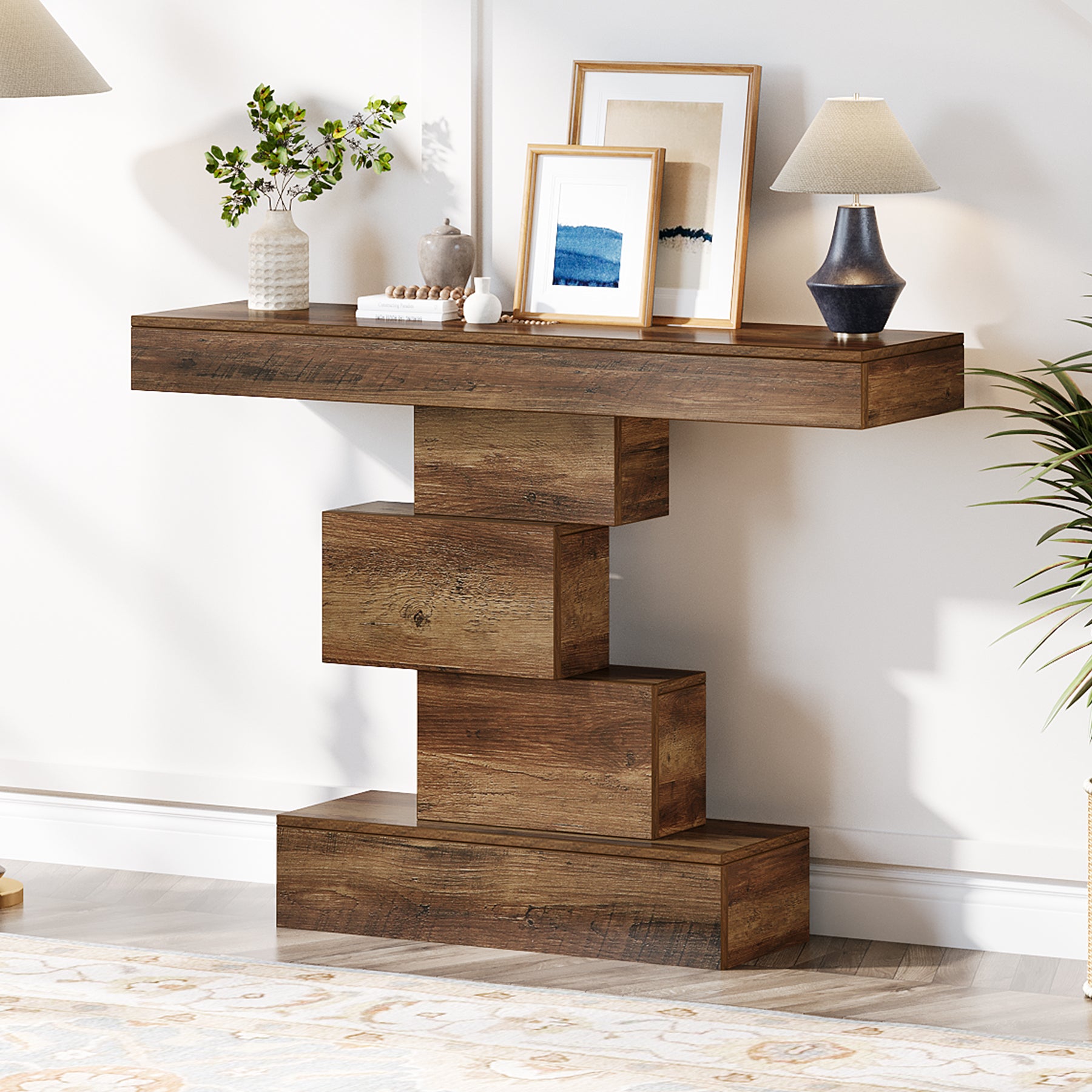 108 cm Landelijke Console, Industriële Bijzettafel met Geometrische Basis voor Hal en Woonkamer