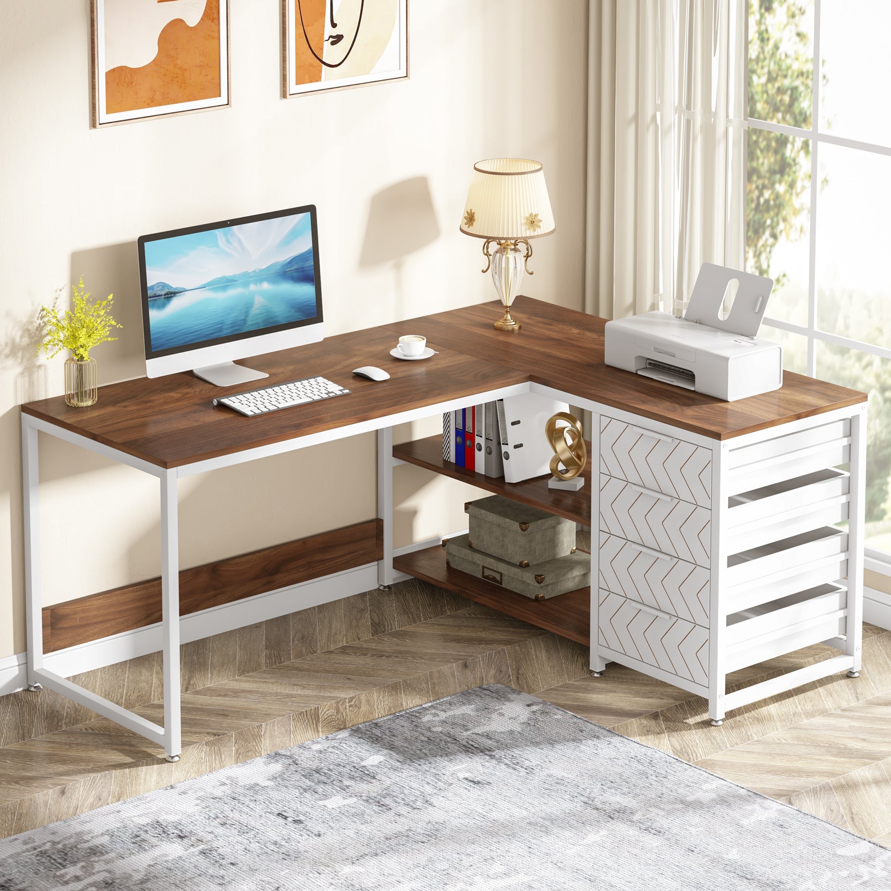 150 cm L-vormig Bureau, Met 4 Laden en 2 Planken voor Kantoor en Werkkamer