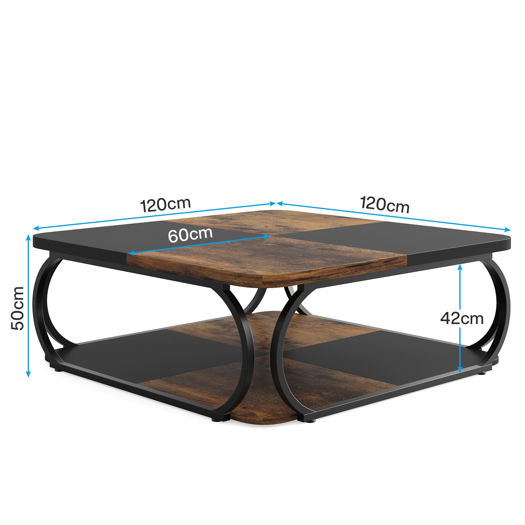 100 cm Vierkante Salontafel met Dubbele Planken, Landelijke Tafel met Metal Frame