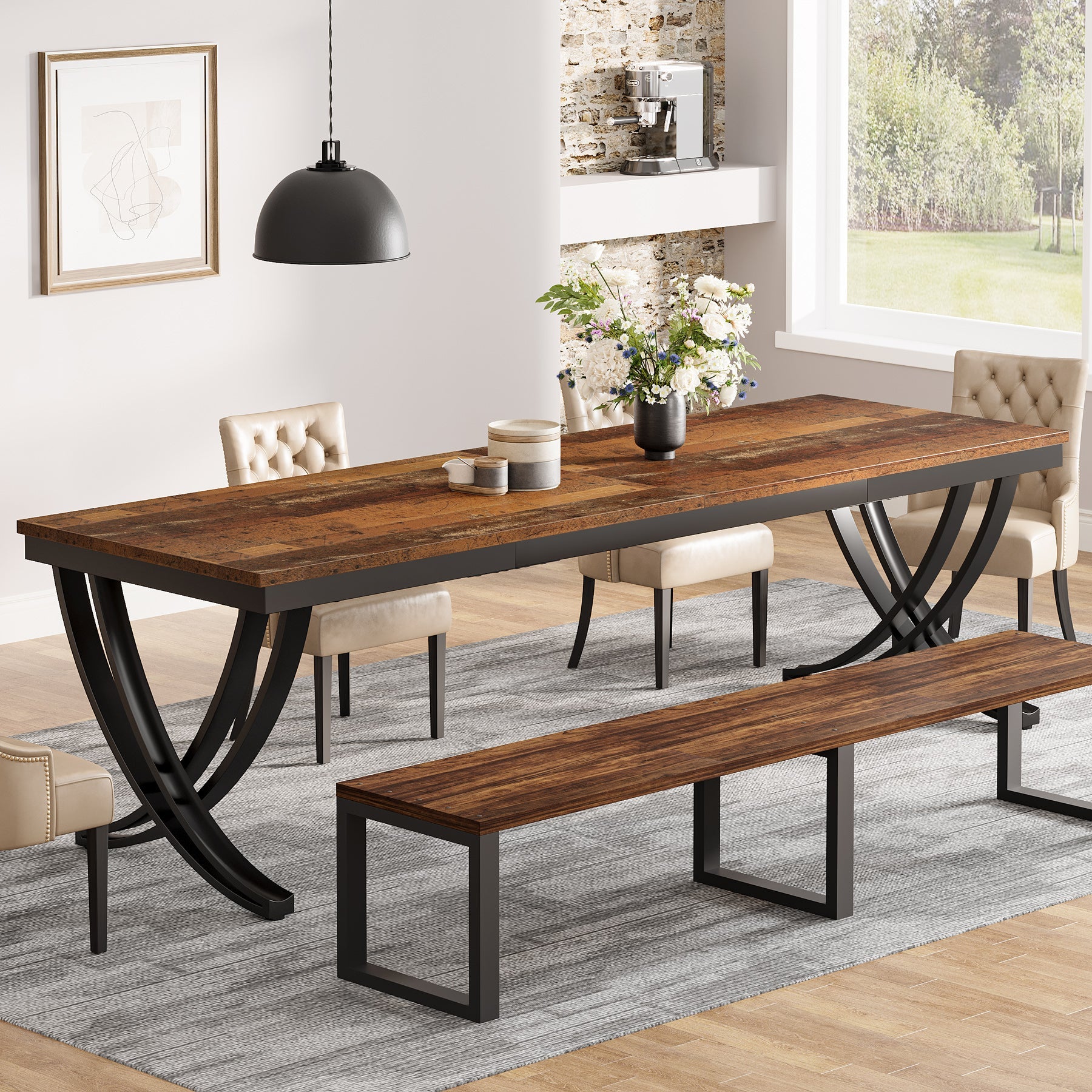 200 cm Landelijke Eettafel, Grote Houten Tafel met Metalen Poten voor Zes tot Acht Personen