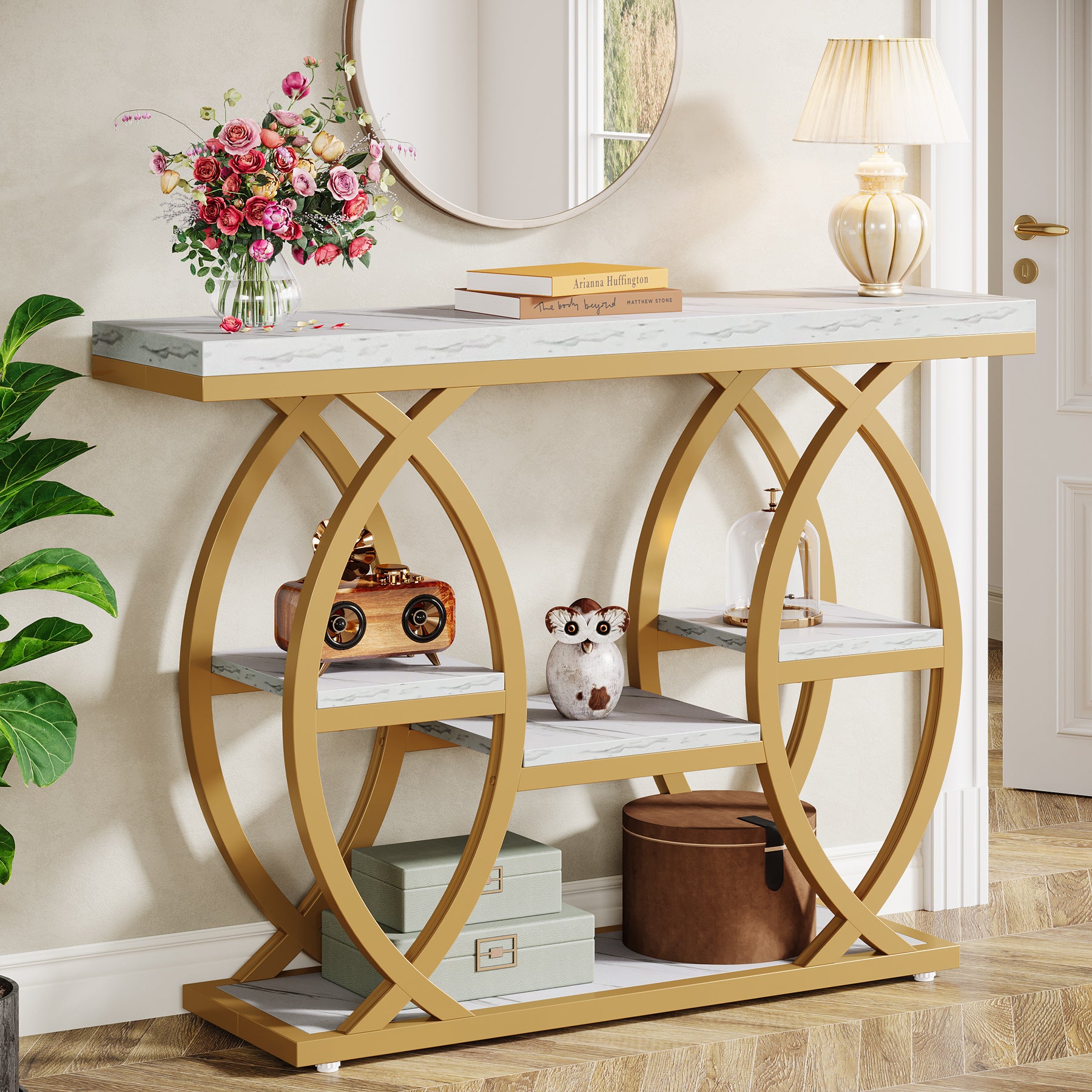 Industrieel Consoletafel 100 cm met 4 Opbergplanken, Smalle Houten Bijzettafel voor hal en Kleine Ruimtes