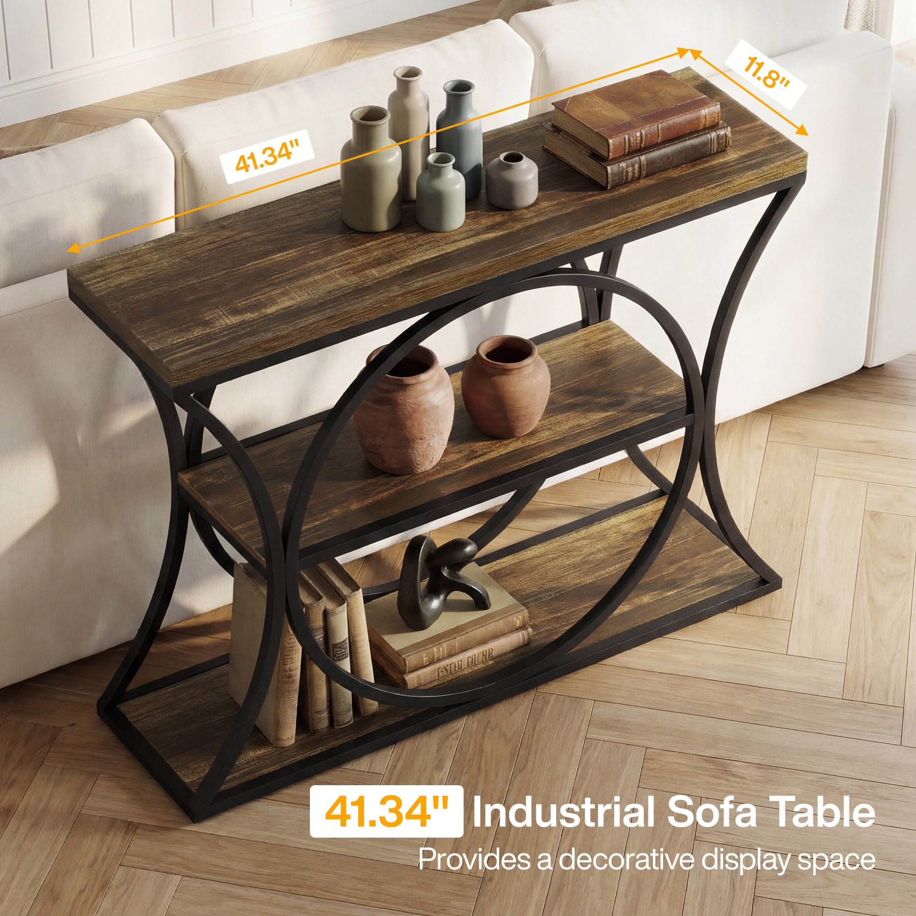 105 cm Tribesigns Industriële Consoletafel, 3-Laagse Sidetable met Boogframe