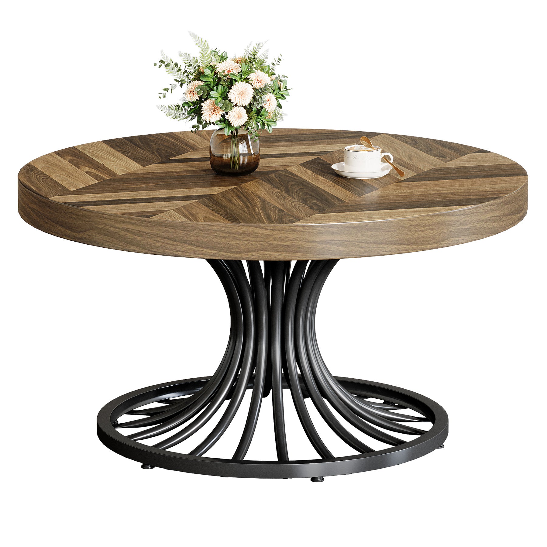 79 cm Ronde Salontafel van Hout, Landelijke Koffietafel met Metalen Sokkel voor Woonkamer