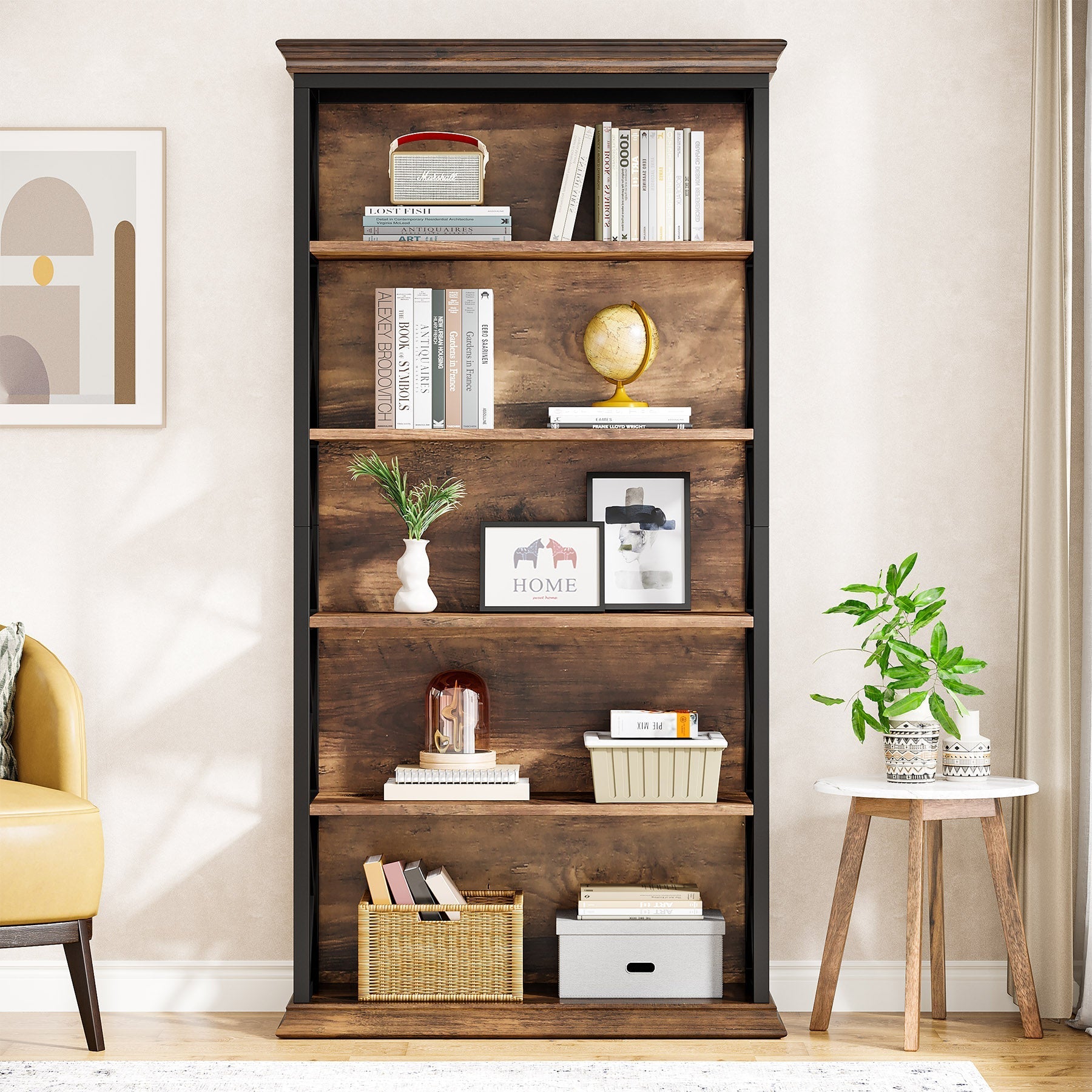 Industriële Boekenkast met Zes Planken, 180 cm Hoge Kast in Bruin en Zwart