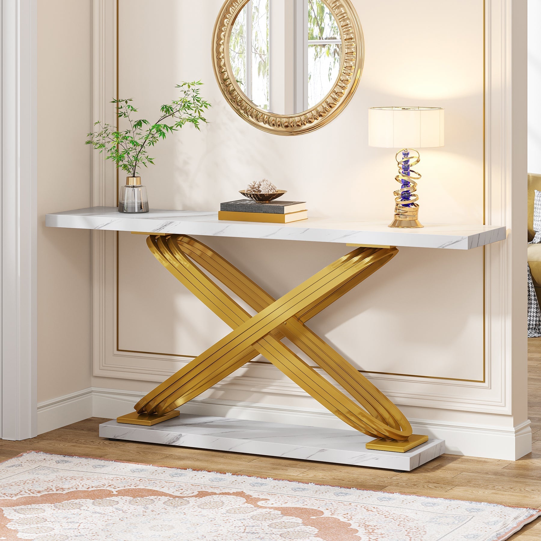 140 cm Moderne Consoletafel, Luxe Faux Marmeren Banktafel in Goud en Wit