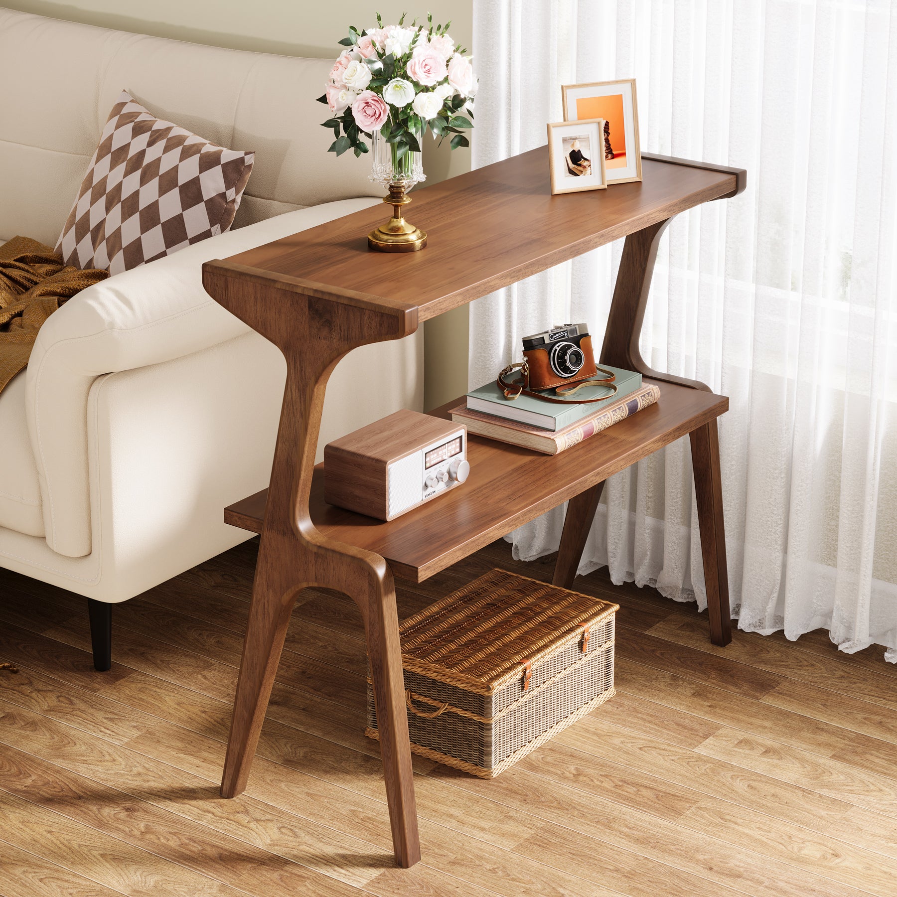 70 cm Tribesigns Bijzettafel van Massief Hout, Smalle 2-Laagse Tafel met Legplanken