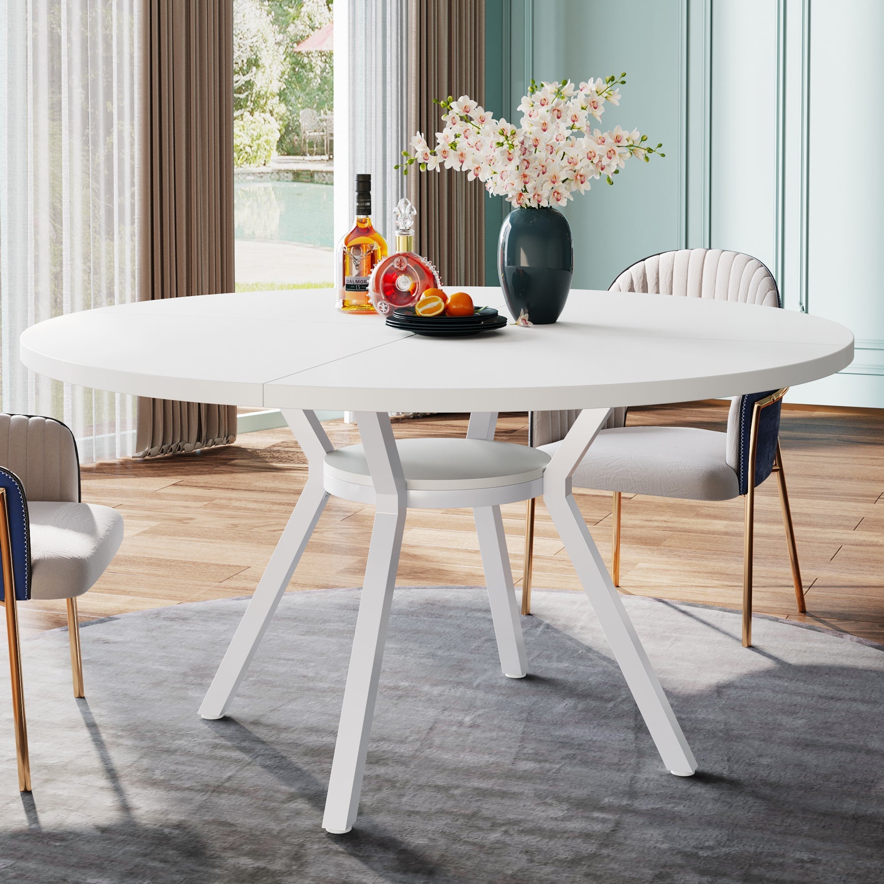 120 cm Eettafel voor 4-6 Personen, Ronde Tafel met Opbergruimte