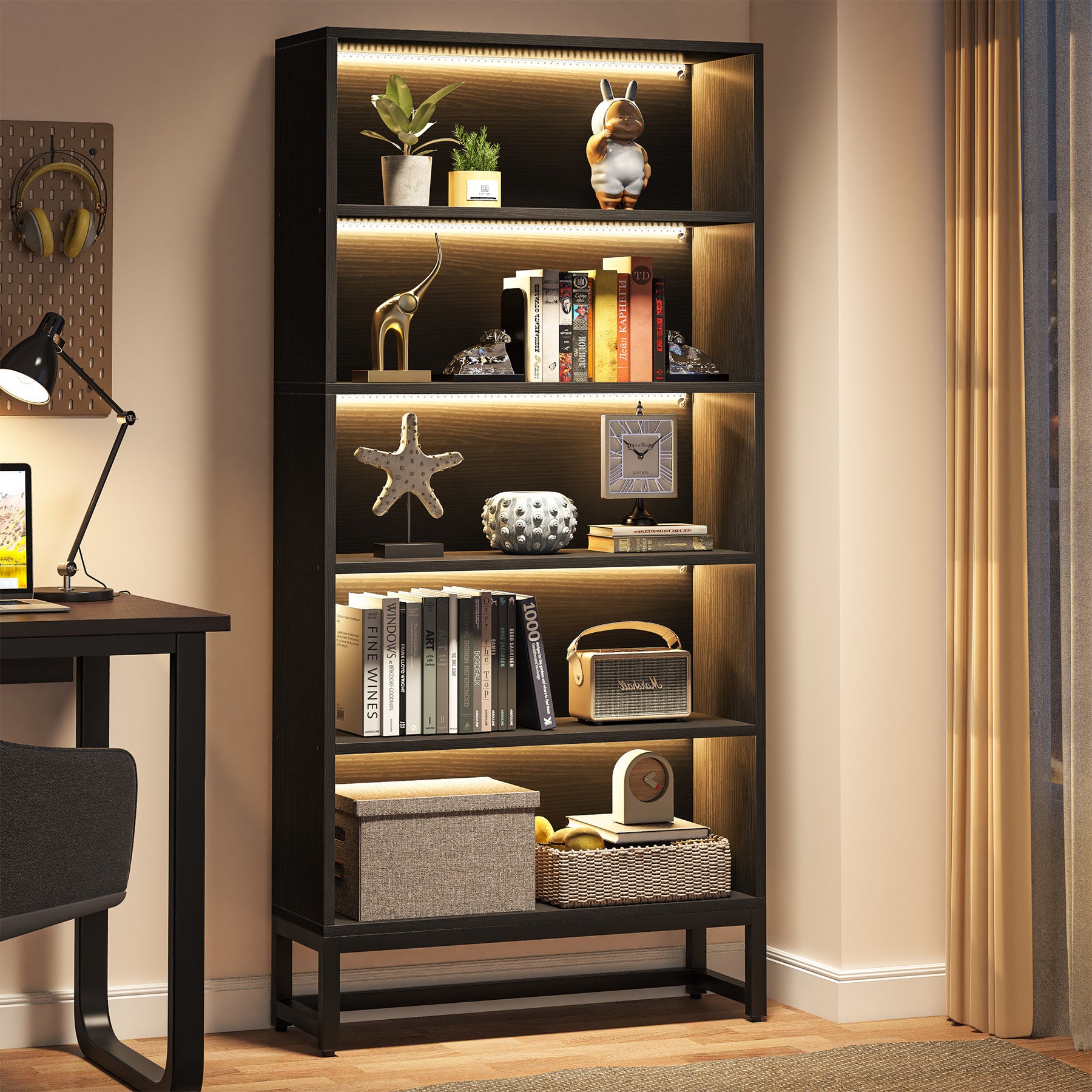 Tribesigns 180 cm hoge boekenkast met LED-verlichting, zwarte 5-laagse opbergkast