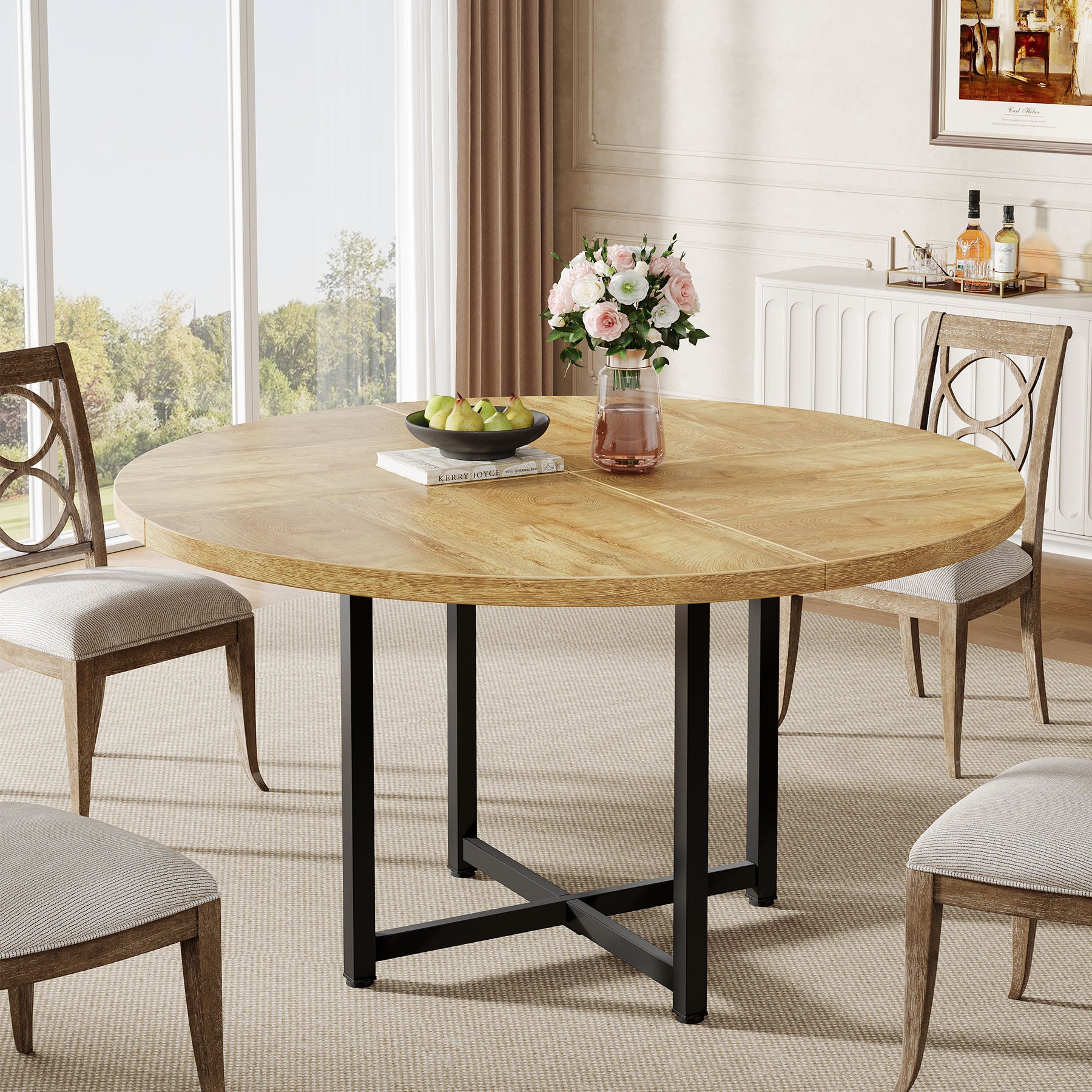 Tribesigns 120 cm Ronde Eettafel voor 4-6 Personen, Houten Tafel met Stevige Kruismetalen Poten voor Keuken en Woonkamer