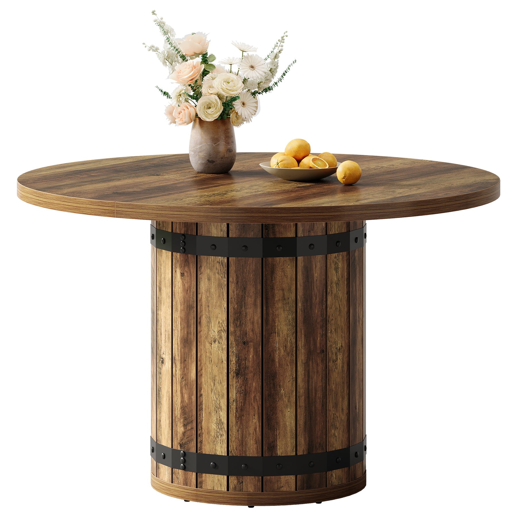 100cm Ronde Vergadertafel voor 4 Personen, Boerderijstijl met Hekwerk Basis voor Kantoor in Landelijk Bruin