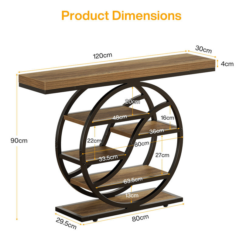 Consoletafel van 120 cm met Industrieel 5-Laags Ontwerp, Smalle Houten Accenttafel met Opbergrekken voor Woonkamer en Hal