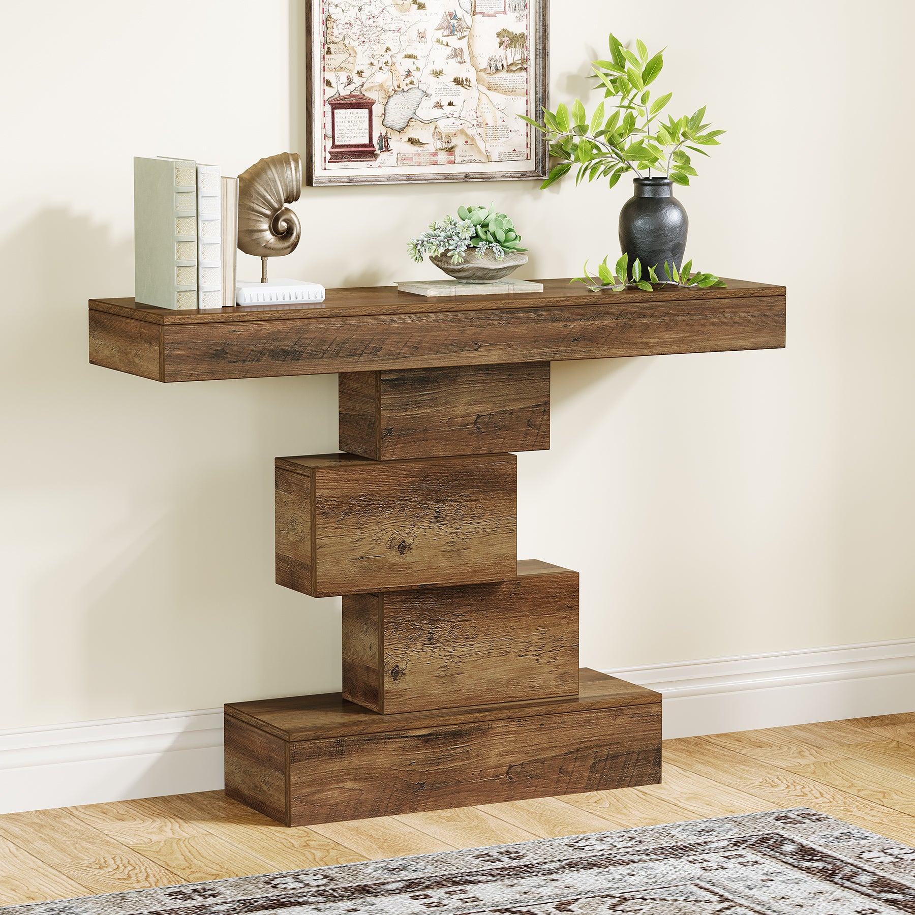 108 cm Landelijke Console, Industriële Bijzettafel met Geometrische Basis voor Hal en Woonkamer