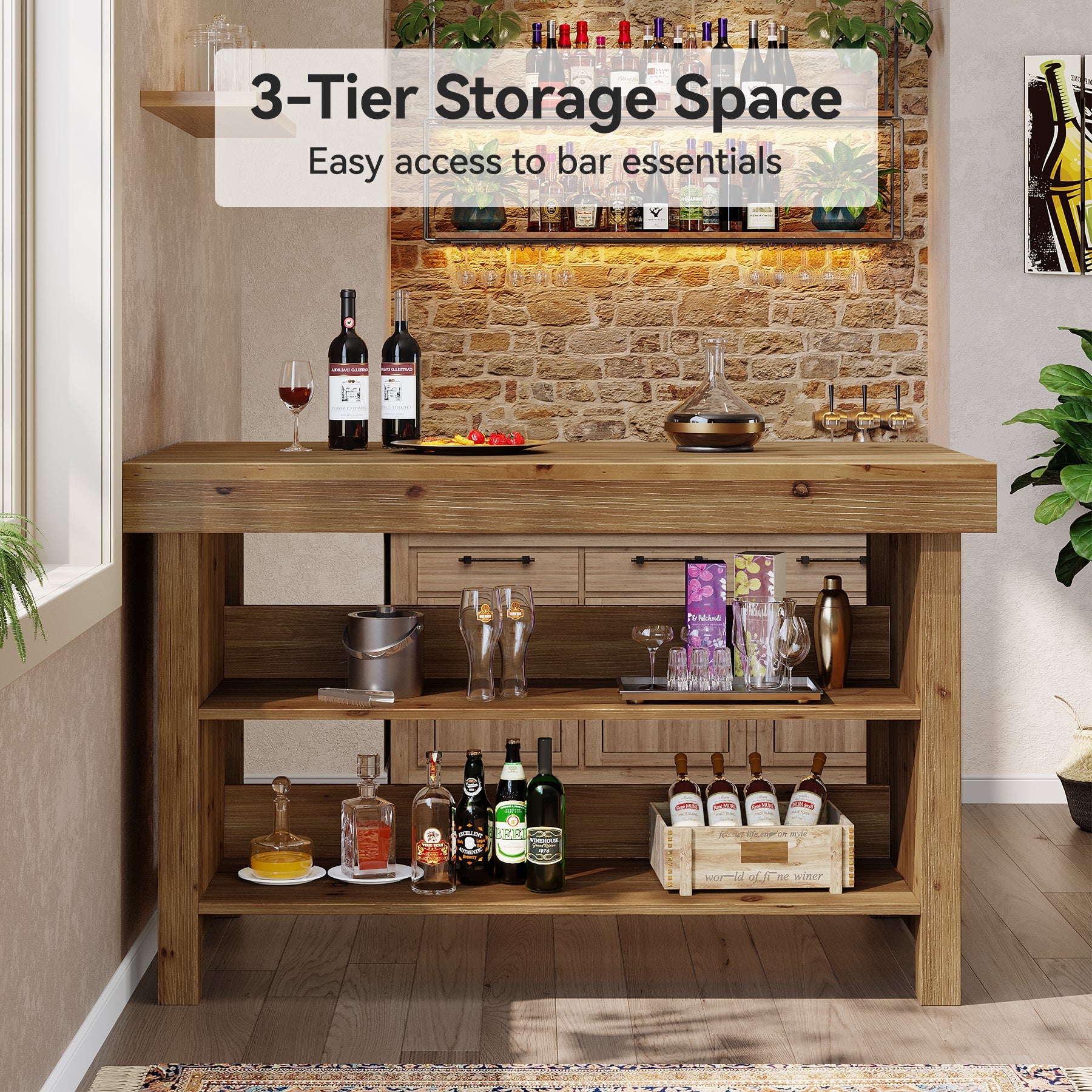 140 cm landelijke bartafel, 3-laags barunit van massief hout met open opbergplanken