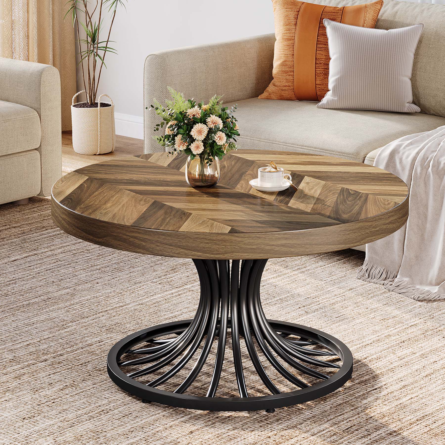 79 cm Ronde Salontafel van Hout, Landelijke Koffietafel met Metalen Sokkel voor Woonkamer