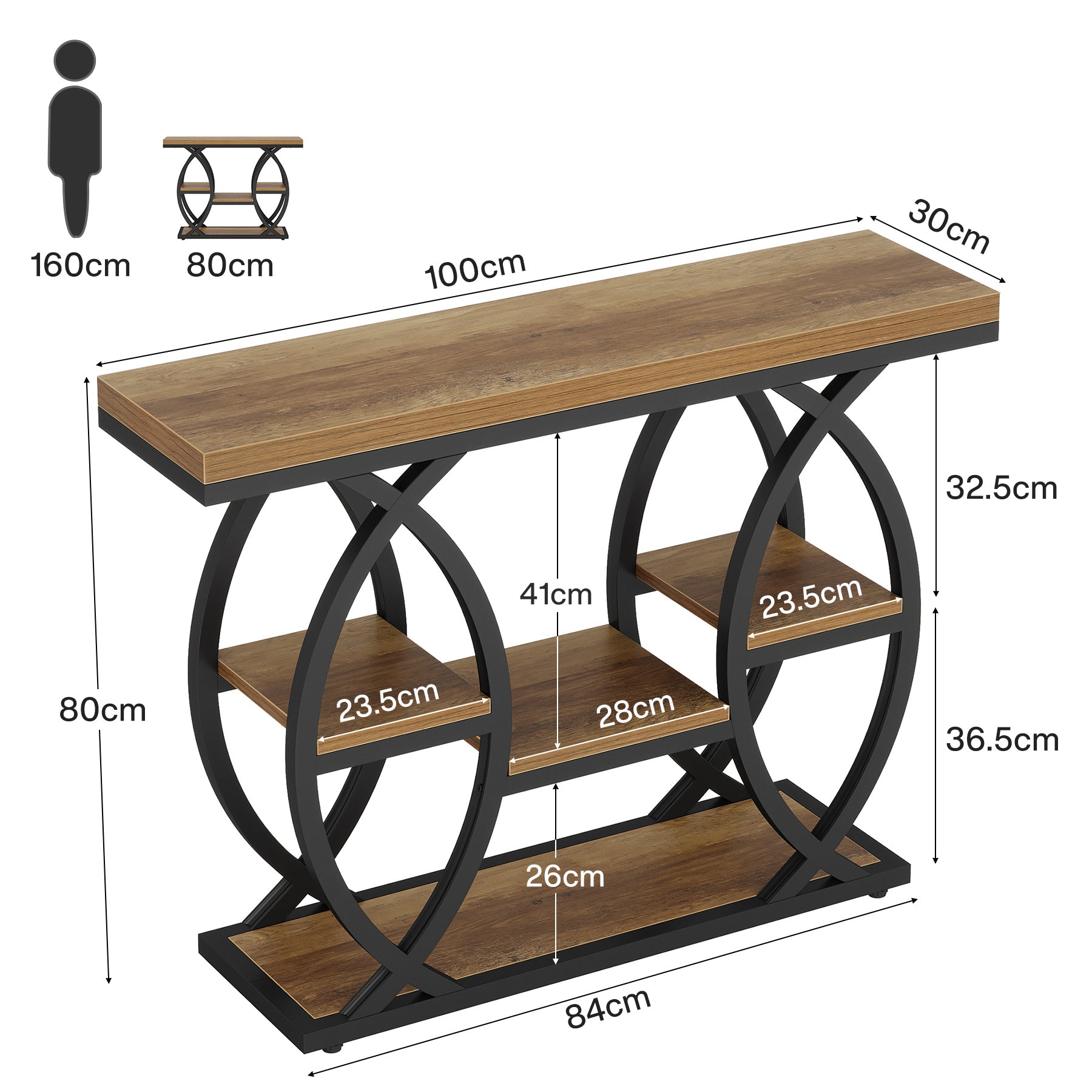 Industrieel Consoletafel 100 cm met 4 Opbergplanken, Smalle Houten Bijzettafel voor hal en Kleine Ruimtes