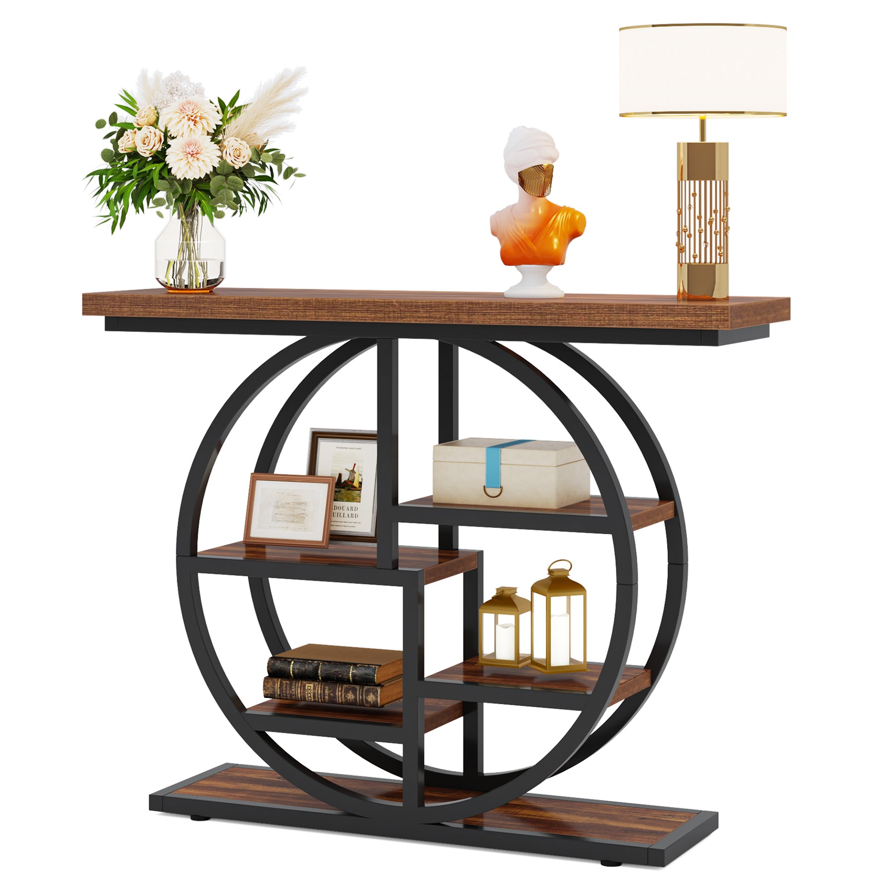 105 cm Industriële Console, 6 Etages met Rond Onderstel en Opbergplanken