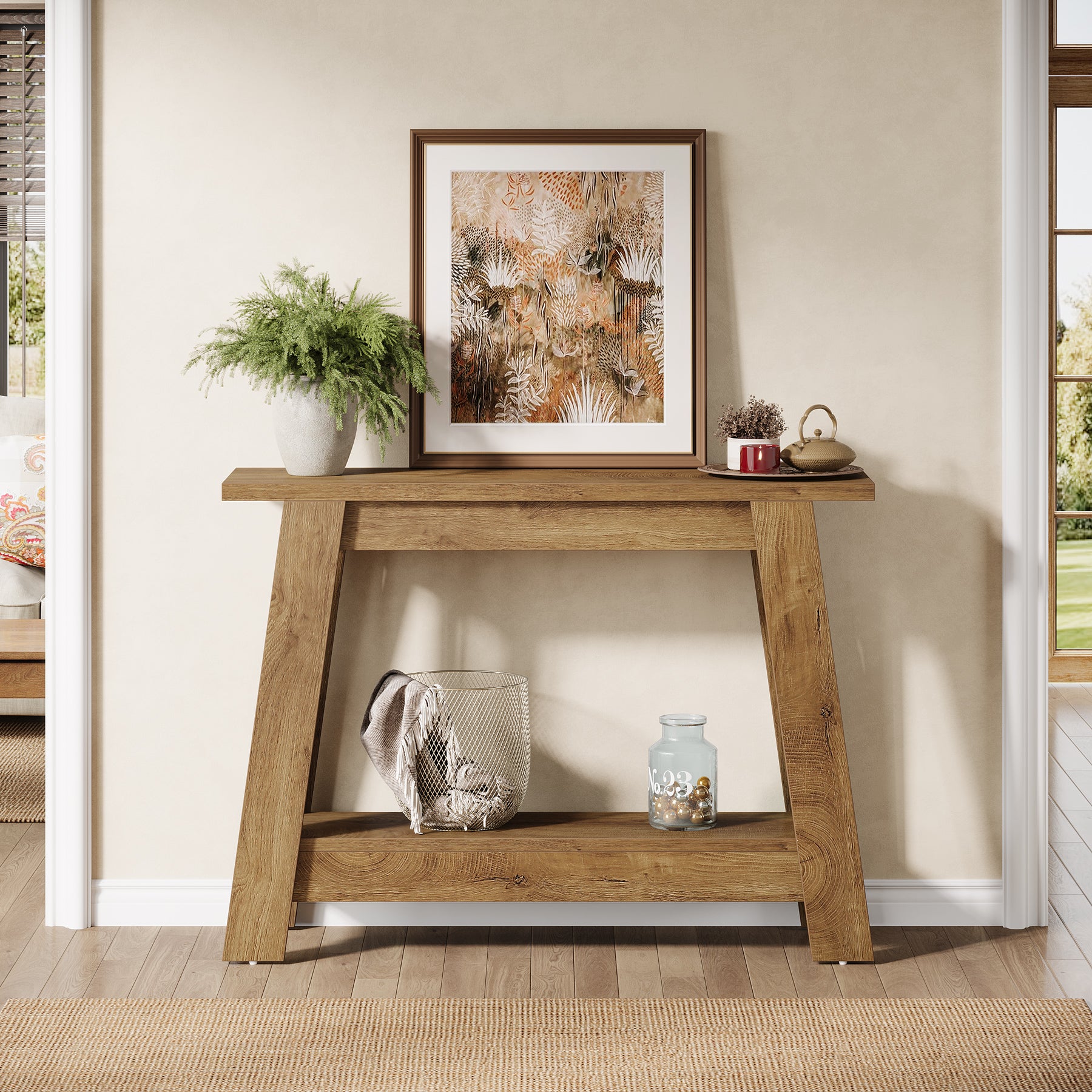 Tribesigns 105 cm Landelijke Consoletafel, Smalle 2-Laagse Entreetafel met Opbergruimte