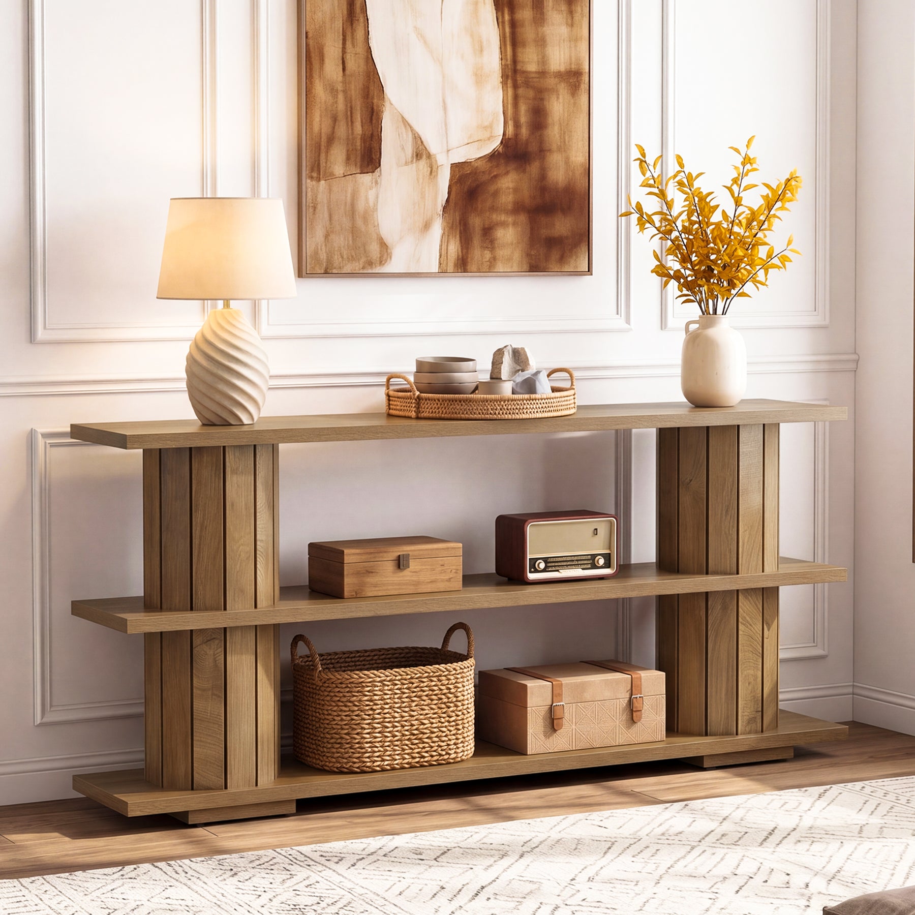 160 cm Consoletafel met 3-Laags Opbergrekken, Lange Haltafel voor Woonkamer en Entree