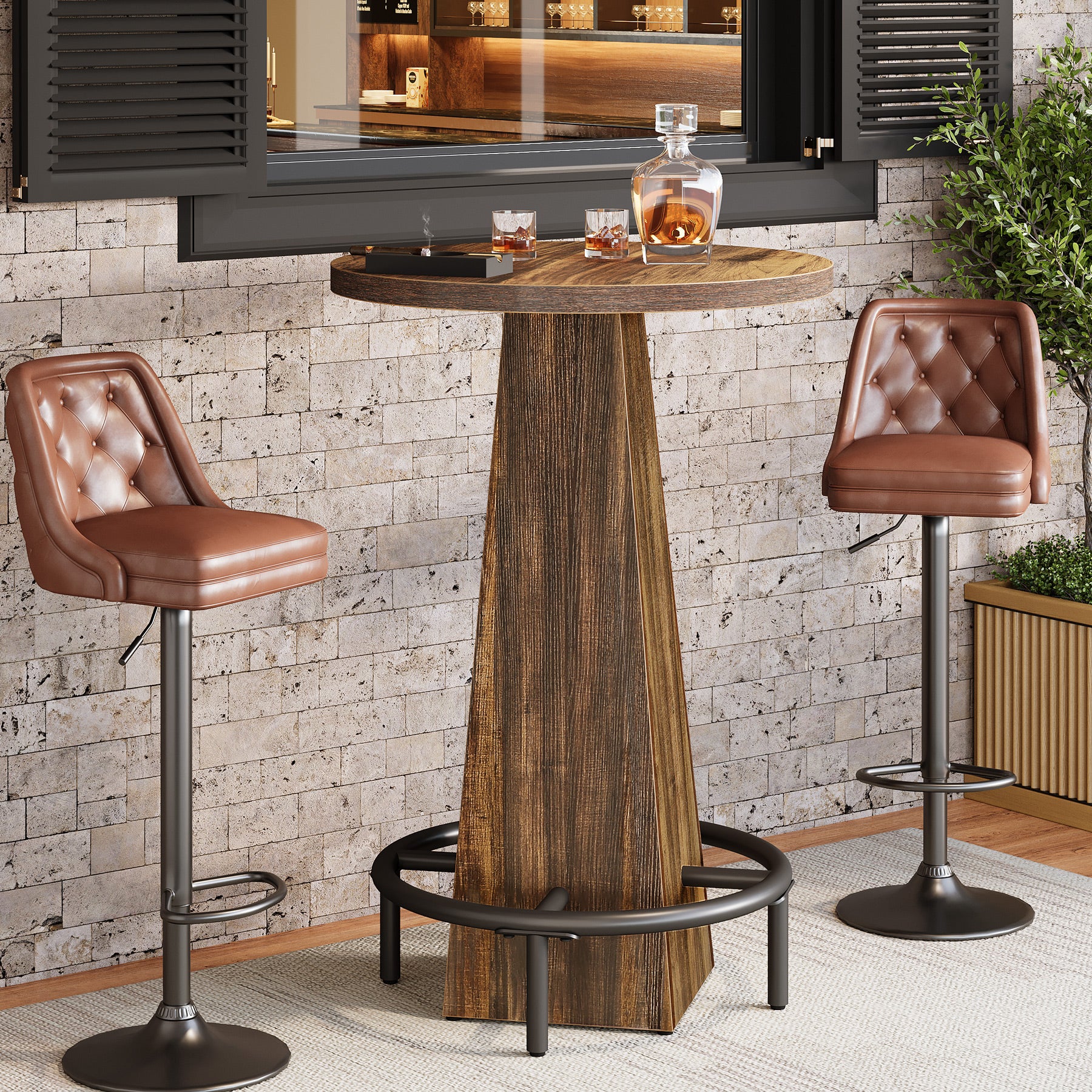 95 cm Ronde Bartafel met Metalen Voetring, Houten Bistro Statafel