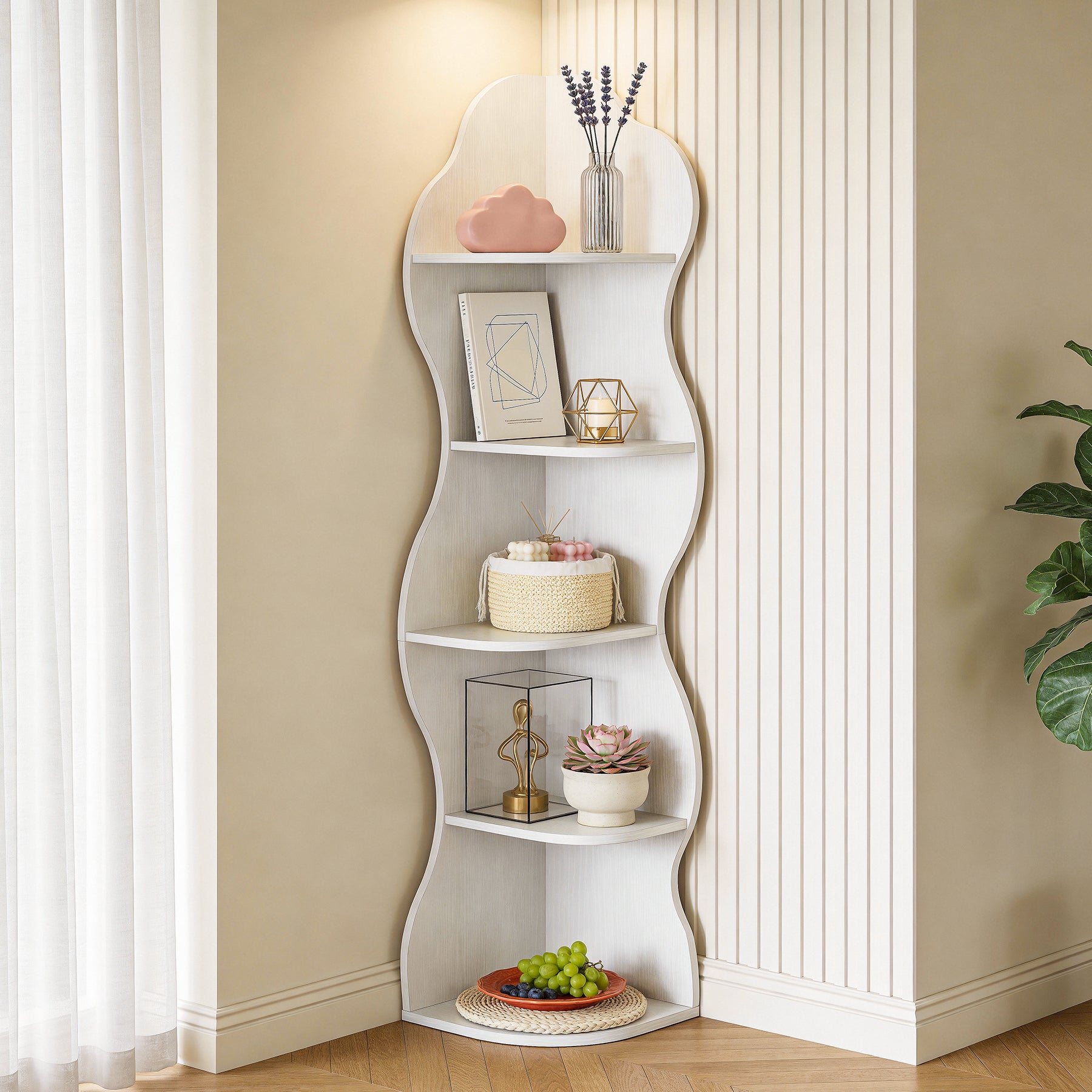 174 cm Hoekboekenkast met 5 Planken, Witte Hoekkast voor Woonkamer