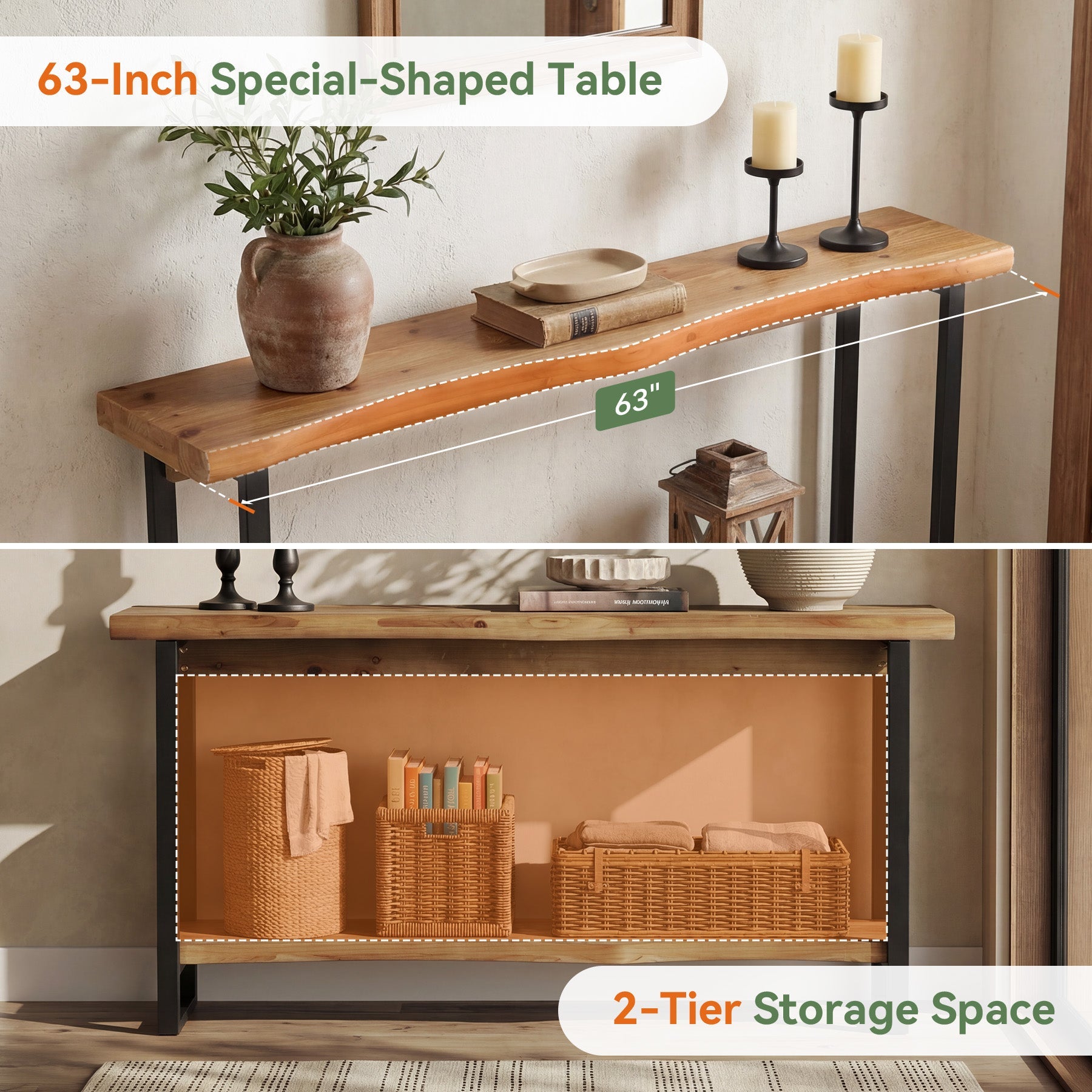 160 cm Massief Houten Live-Edge Consoletafel met Metalen Poten