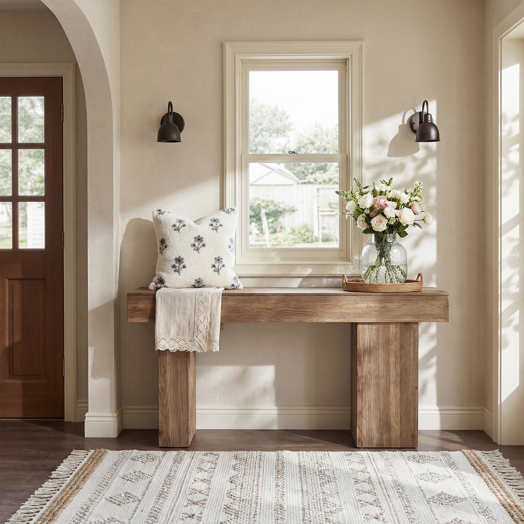 160 cm Massief Houten Landelijke Consoletafel met Artistieke Poten, Stevige Banktafel