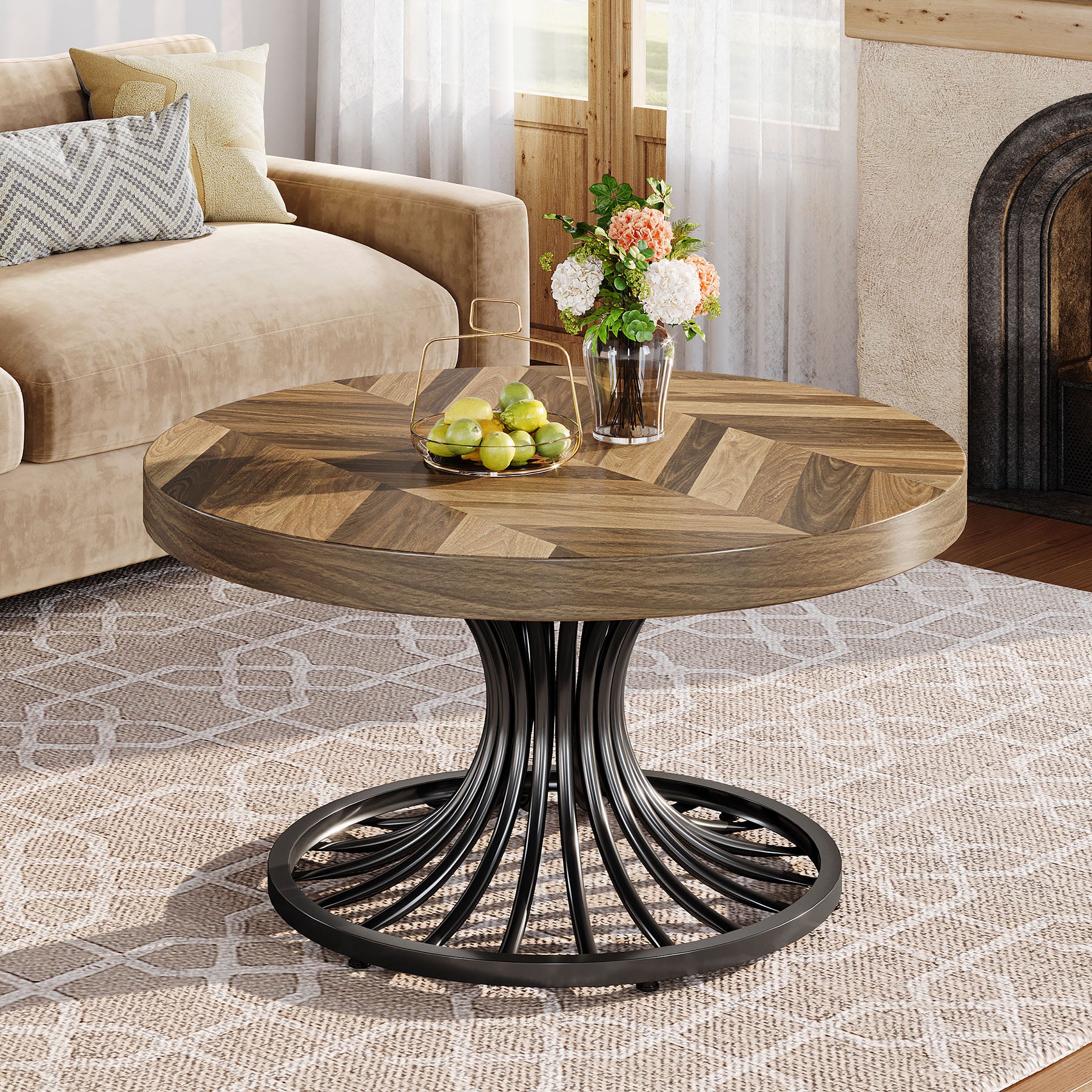 79 cm Ronde Salontafel van Hout, Landelijke Koffietafel met Metalen Sokkel voor Woonkamer