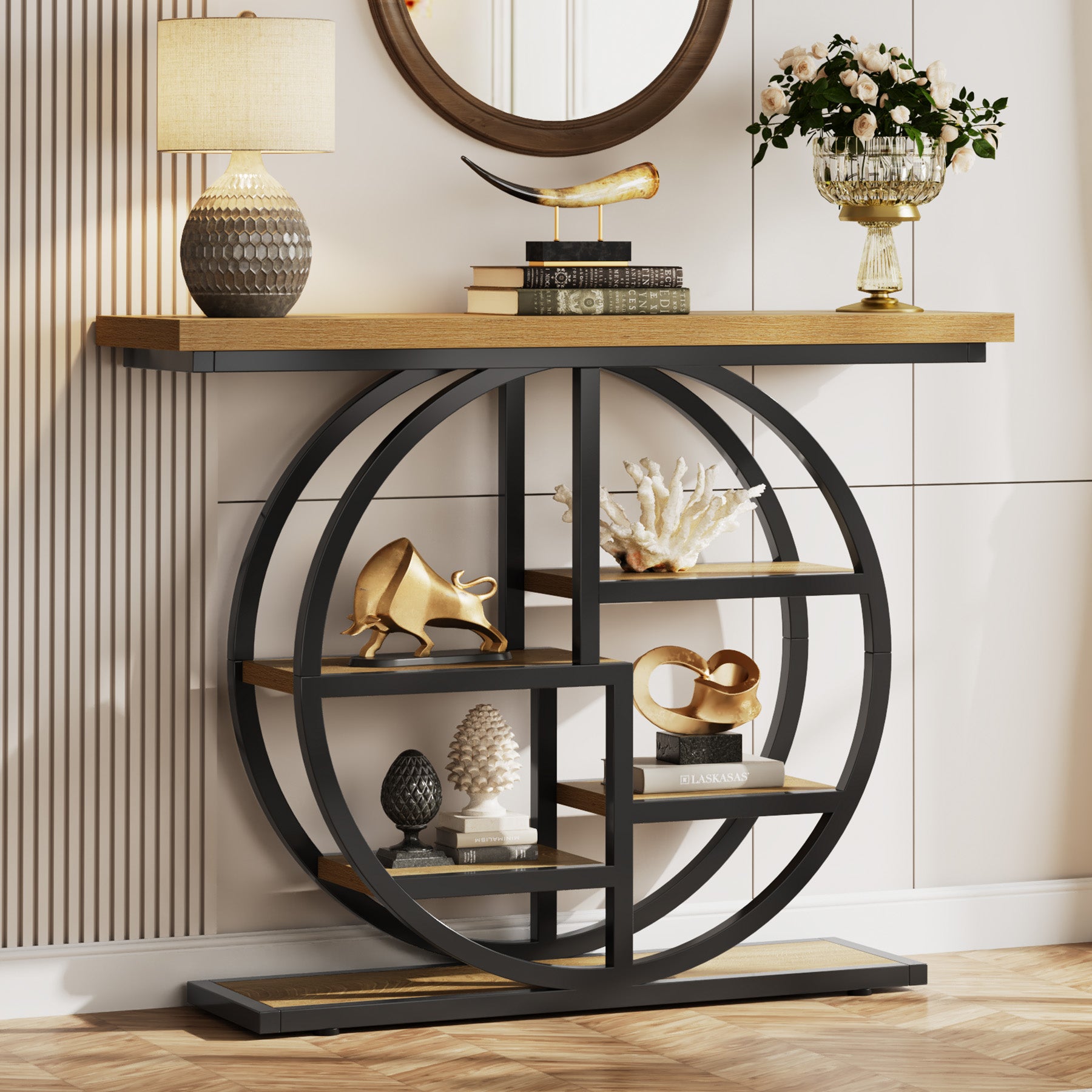 105 cm Industriële Console, 6 Etages met Rond Onderstel en Opbergplanken
