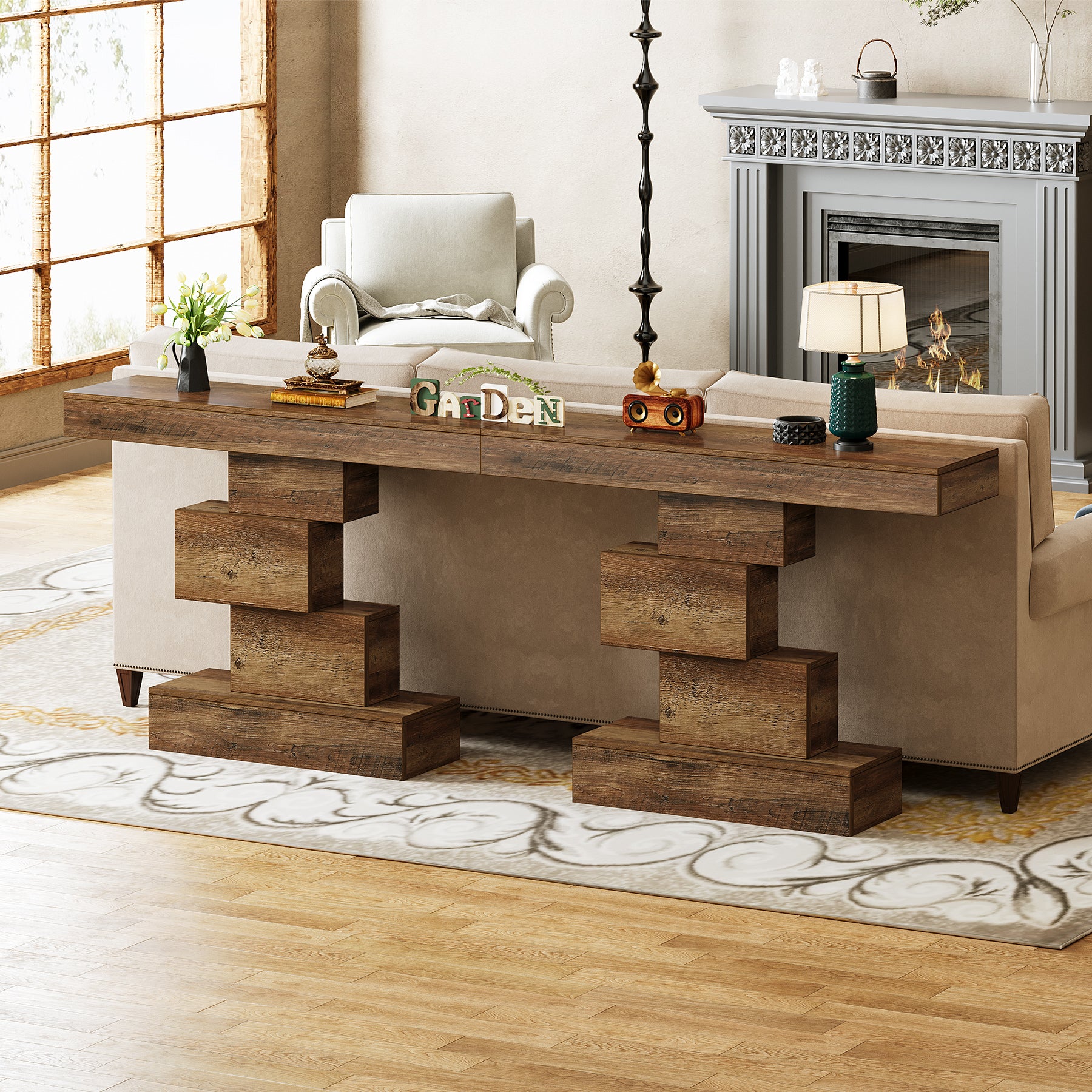 108 cm Landelijke Console, Industriële Bijzettafel met Geometrische Basis voor Hal en Woonkamer
