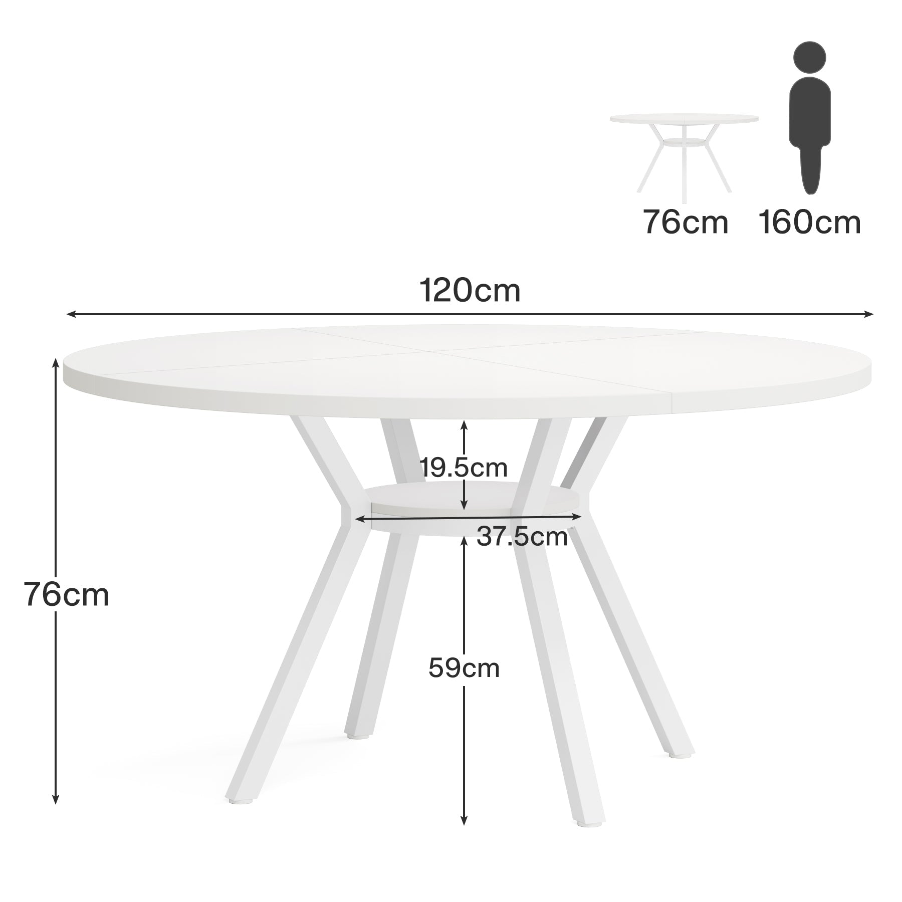 120 cm Eettafel voor 4-6 Personen, Ronde Tafel met Opbergruimte