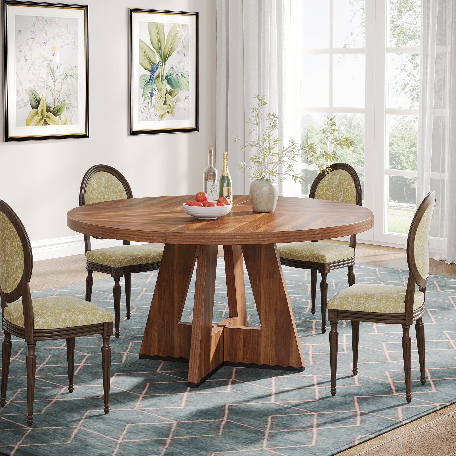 120 cm Ronde Boeren Eettafel, Bruin Houten Tafelblad voor 4 Personen in Keuken of Woonkamer