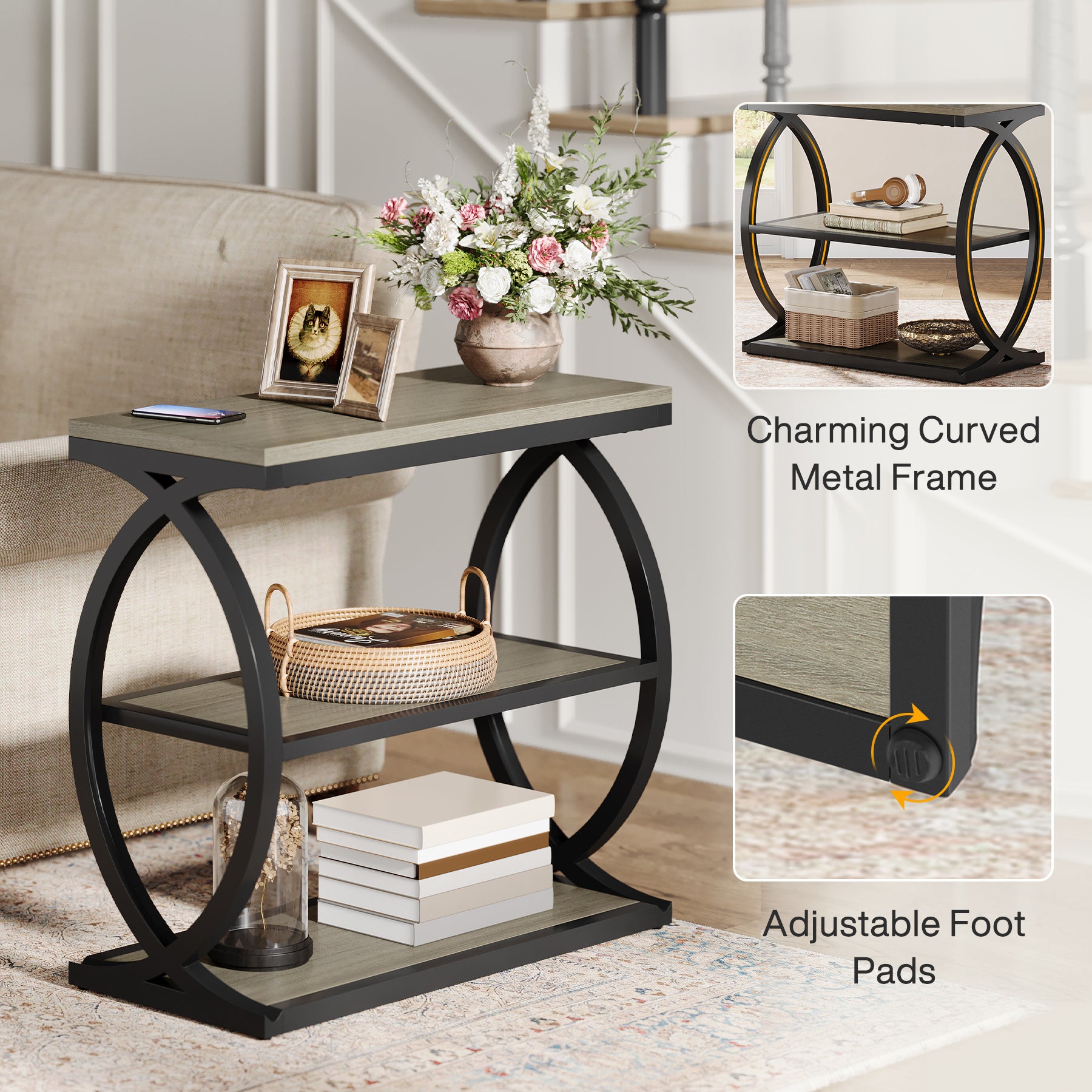 60 cm Smalle Bijzettafel met 3 Niveaus, Industriële Houten Nachtkastje voor Kleine Ruimtes