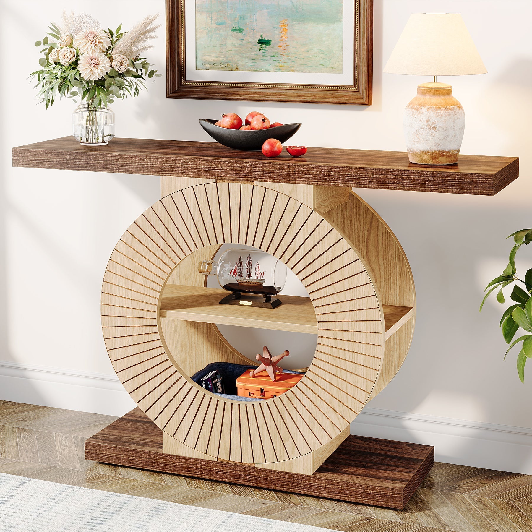 100 cm Houten Console met Opbergplank, Ronde Basis Accenttafel voor Entree en Woonkamer