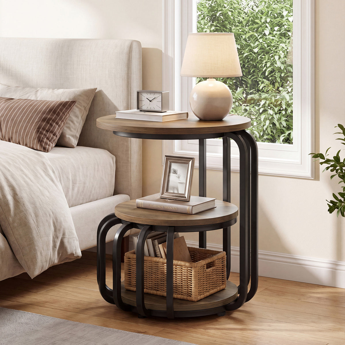 Tribesigns 50 cm ronde bijzettafel met 3-laags opbergrek en industrieel ontwerp, nachtkastje voor slaapkamer en woonkamer