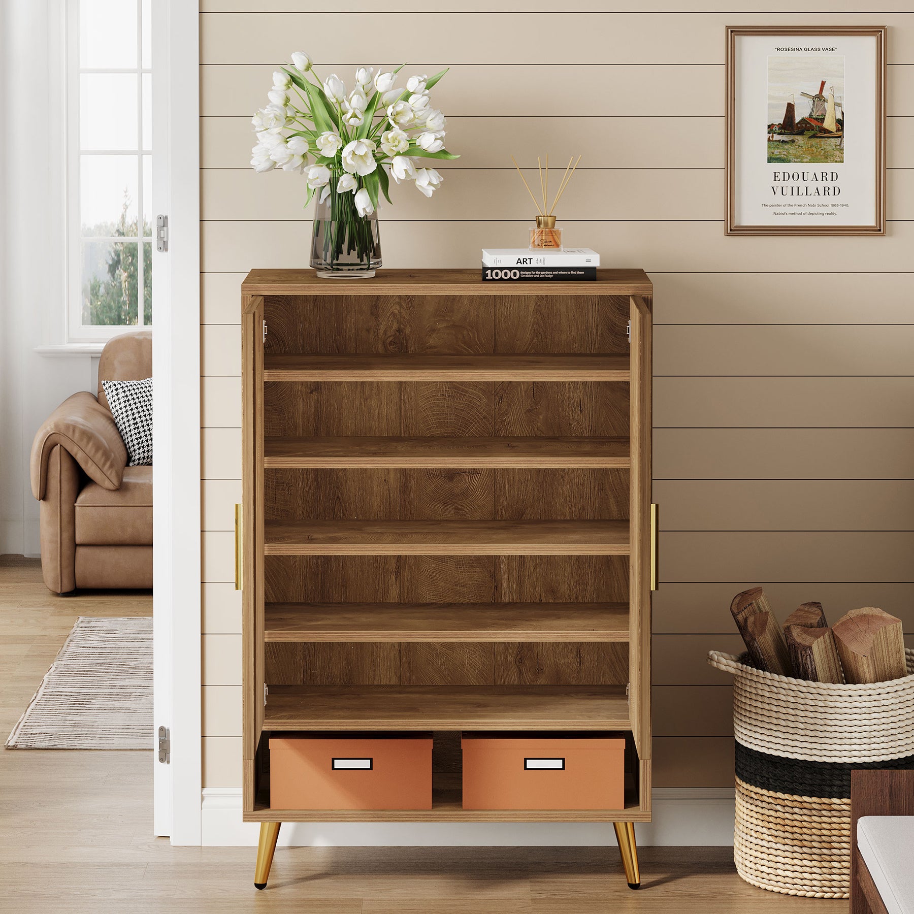 110 cm Schoenenkast met Deuren, Notenhouten Opbergmeubel met Zes Planken voor Hal en Slaapkamer