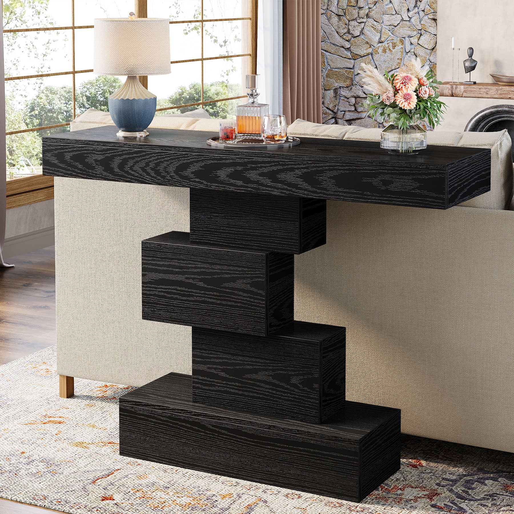 108 cm Landelijke Console, Industriële Bijzettafel met Geometrische Basis voor Hal en Woonkamer