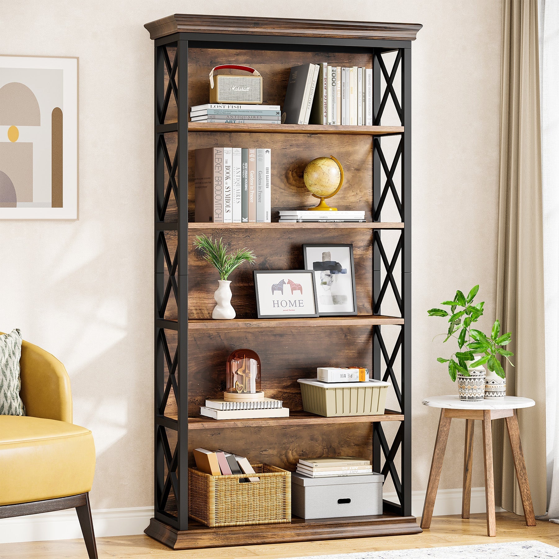 Industriële Boekenkast met Zes Planken, 180 cm Hoge Kast in Bruin en Zwart