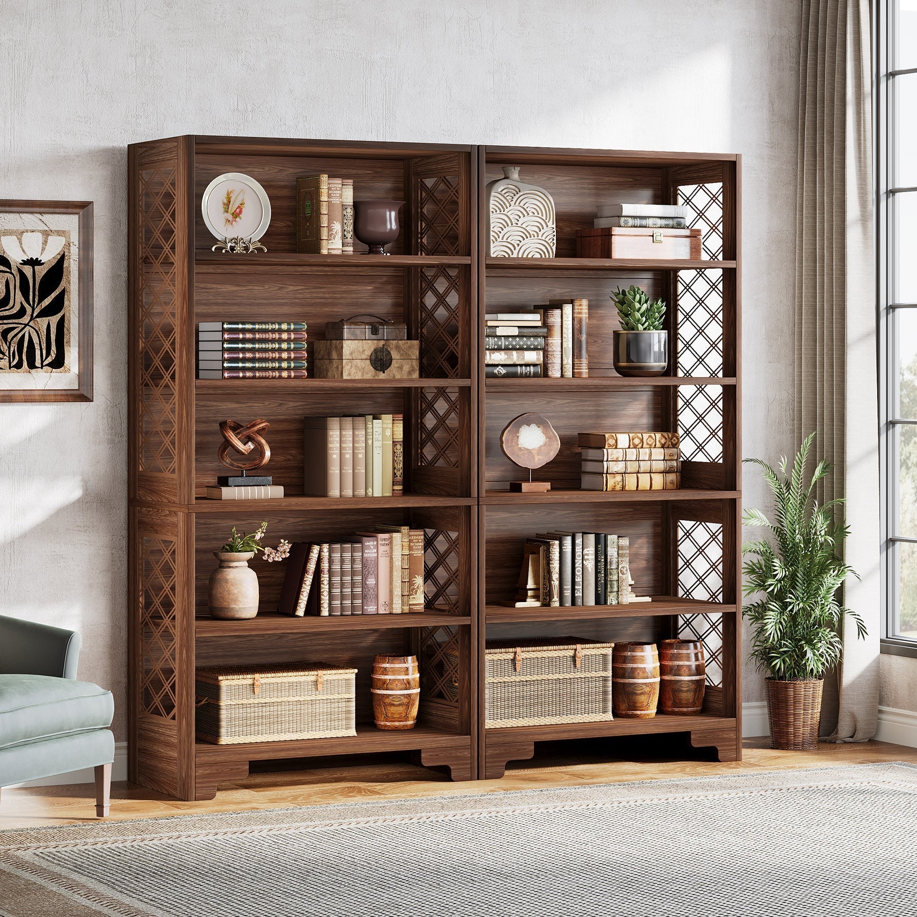 180 cm Hoge Boekenkast met Zes Planken, Mid-Century Boekenkast voor Woonkamer