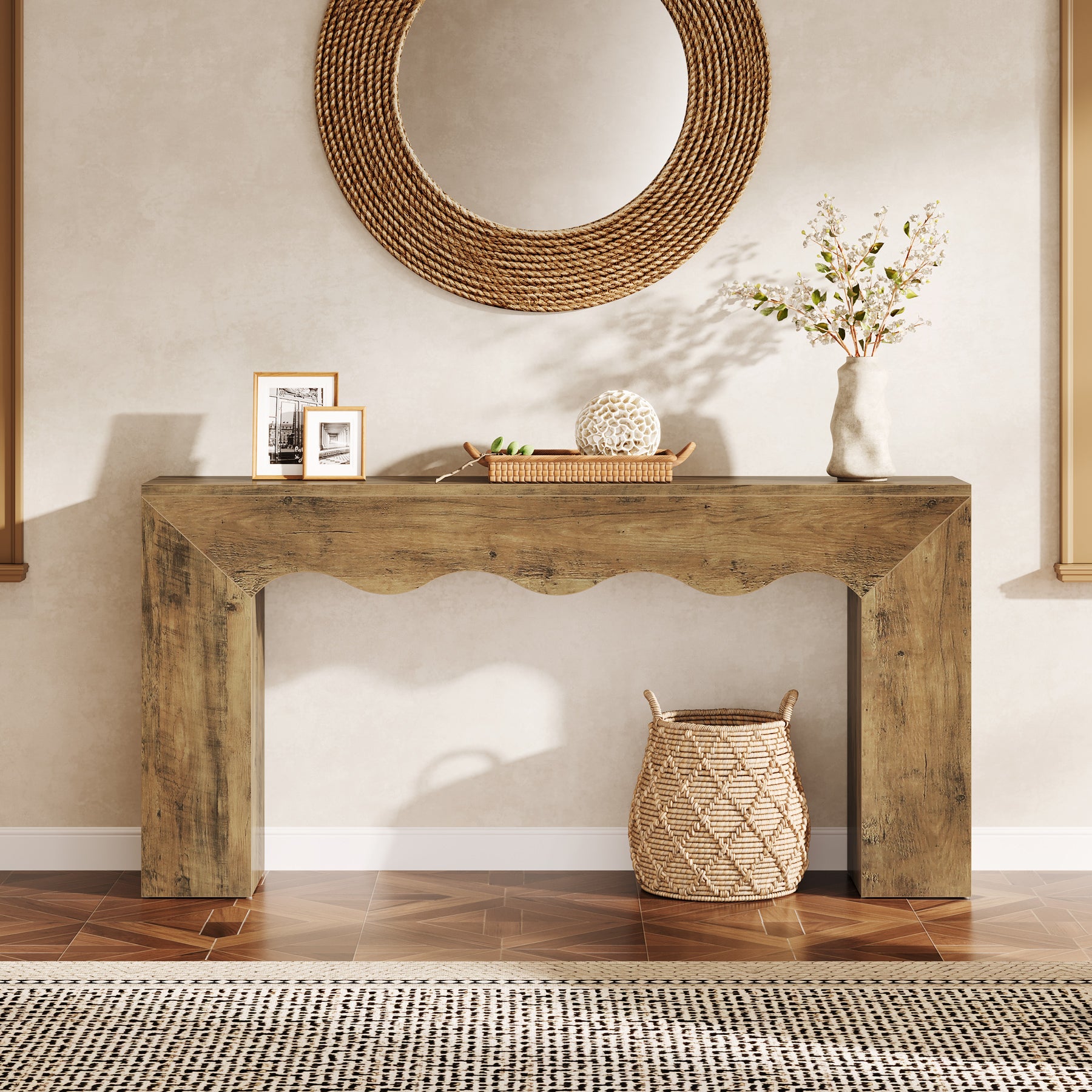 160 cm Consoletafel met Golvende Rand, Landelijke Smalle Haltafel met Opbergruimte voor Woonkamer Entree