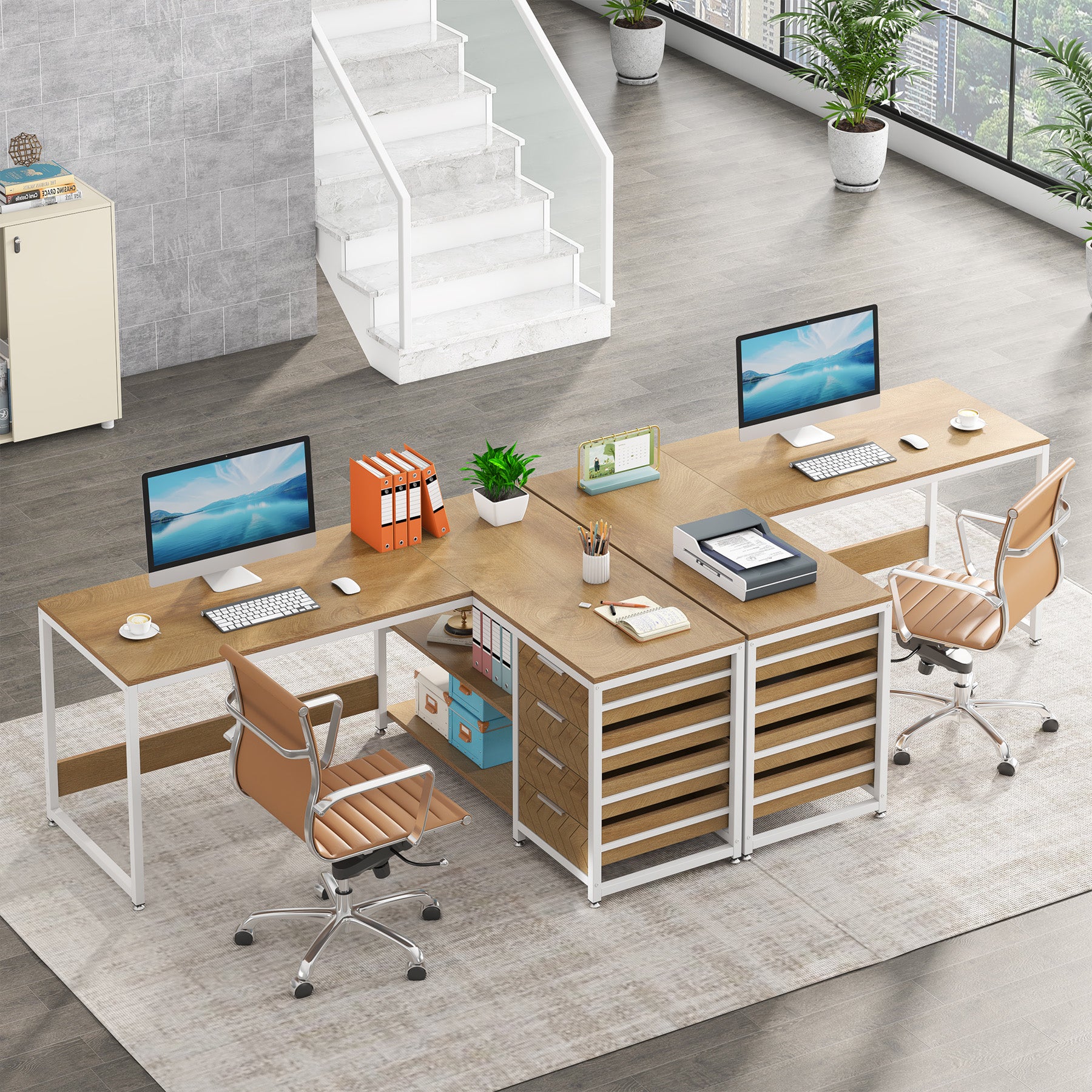 150 cm L-vormig Bureau, Met 4 Laden en 2 Planken voor Kantoor en Werkkamer