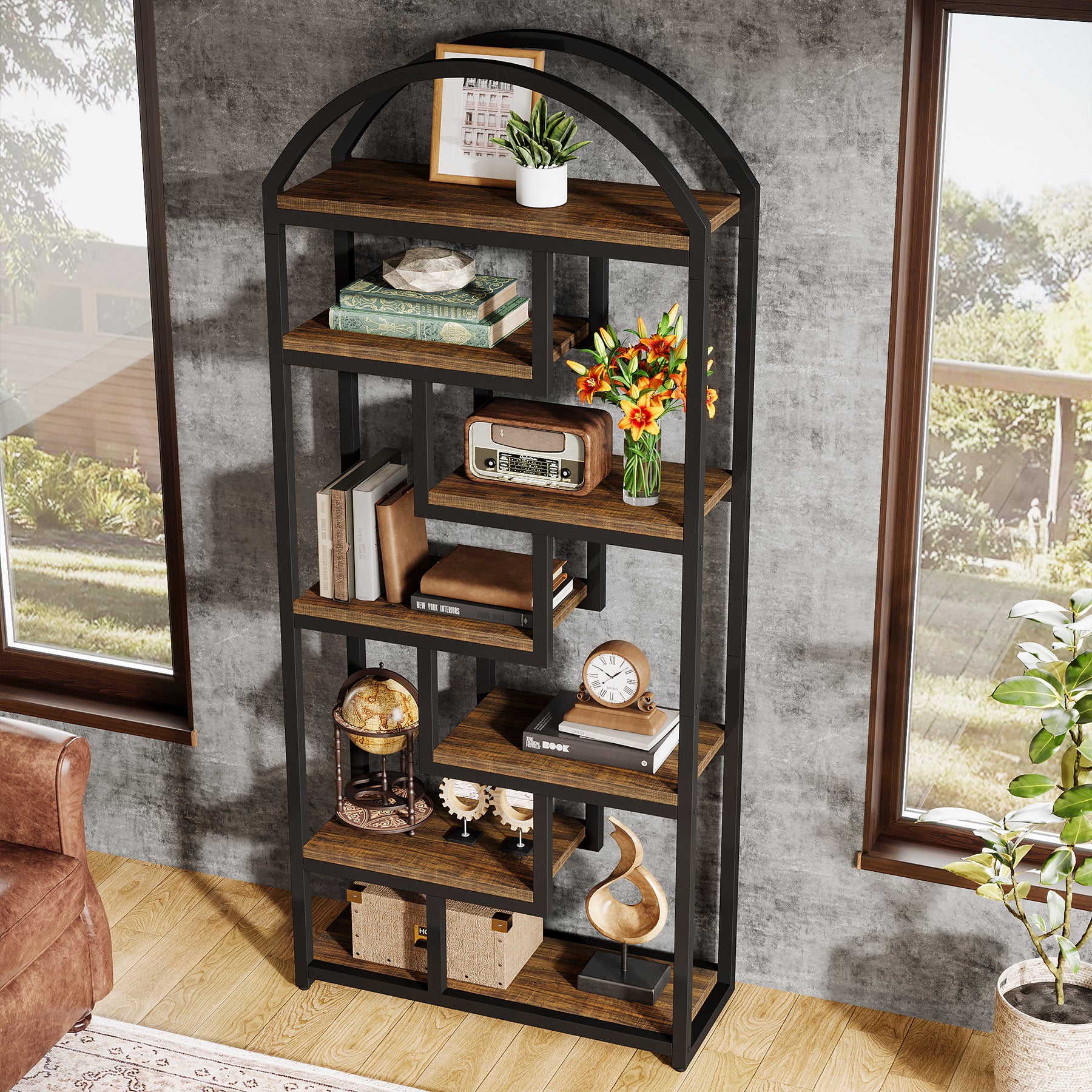 80 cm industriële boekenkast, boogvormige kast met open displayplanken