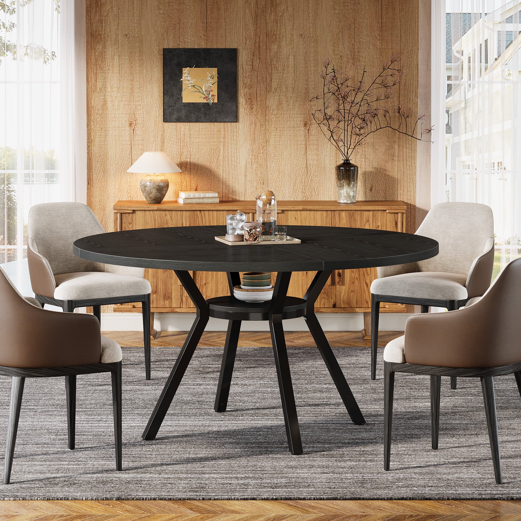 120 cm Eettafel voor 4-6 Personen, Ronde Tafel met Opbergruimte