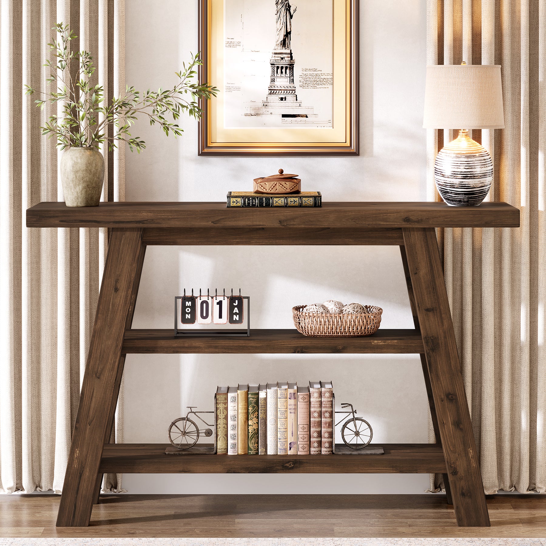 120 cm Tribesigns Massief Houten Consoletafel met 3 Niveaus, Smalle Boerderijstijl Entreetafel voor Hal en Woonkamer