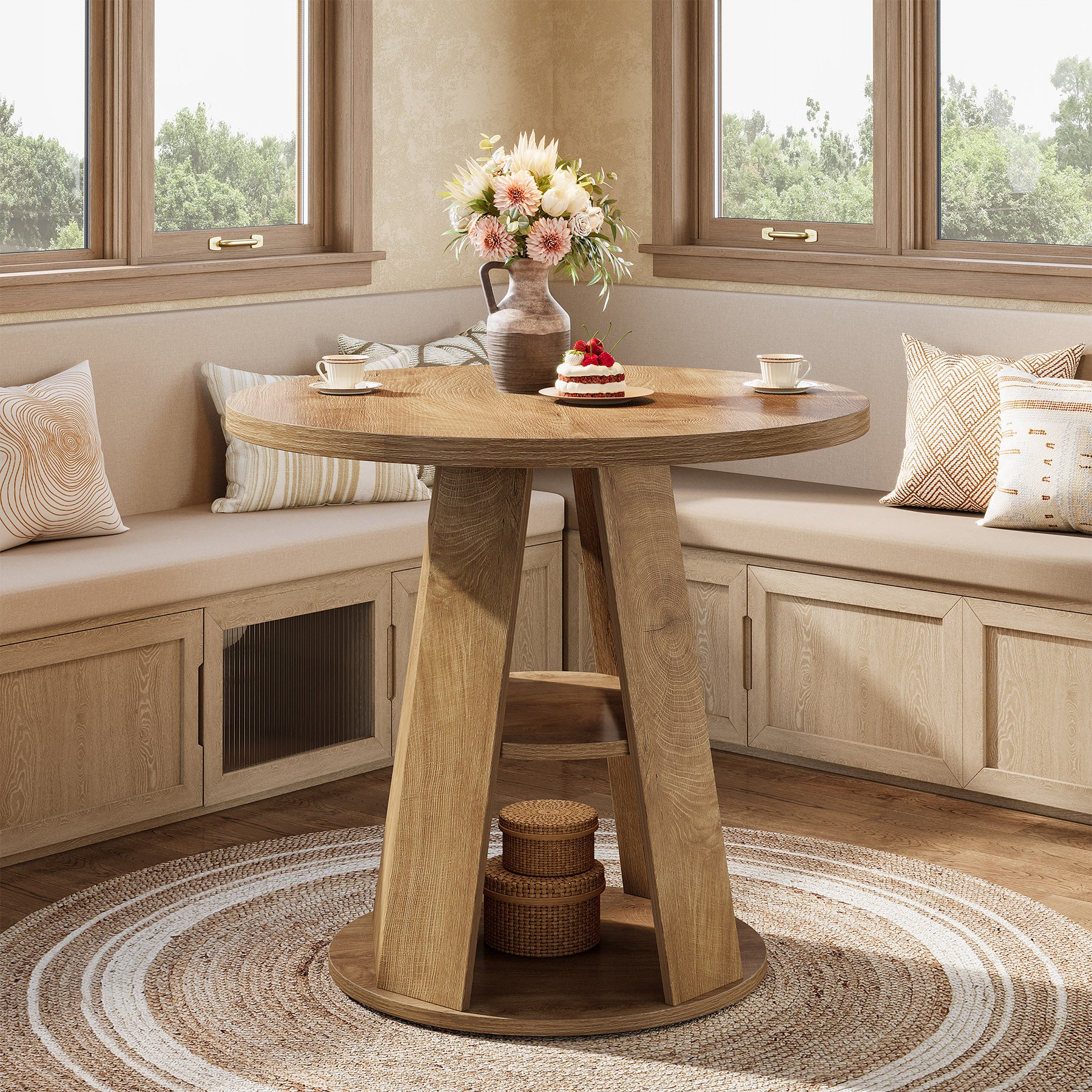 80 cm Ronde Eettafel voor 2-4 Personen, Kleine Boerenkeuken Tafel met 2-Tier Opberplank