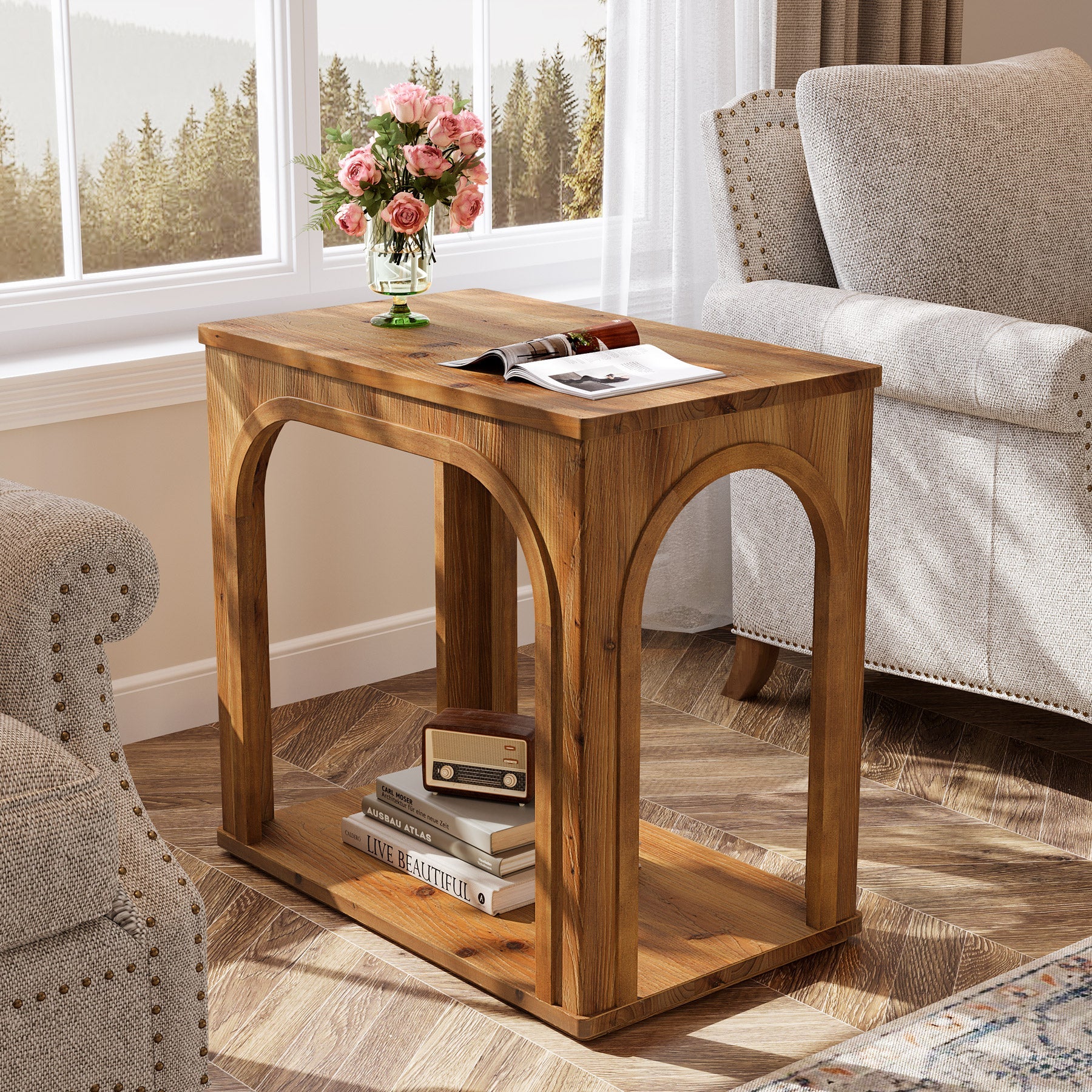 64 cm landelijke bijzettafel van massief hout met 2 planken