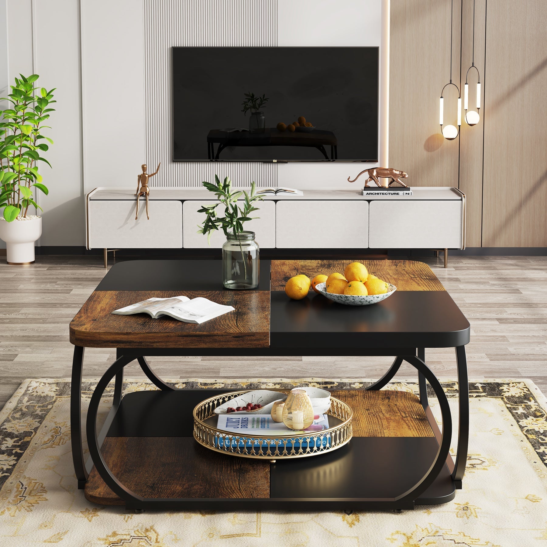 100 cm Vierkante Salontafel met Dubbele Planken, Landelijke Tafel met Metal Frame
