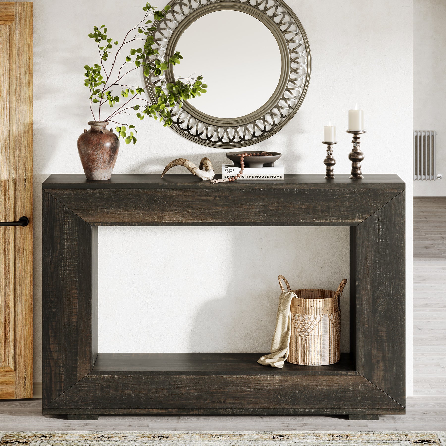 120 cm Boers Entreetafel met Opbergvak, Industrieel Accentmeubel voor Hal en Woonkamer
