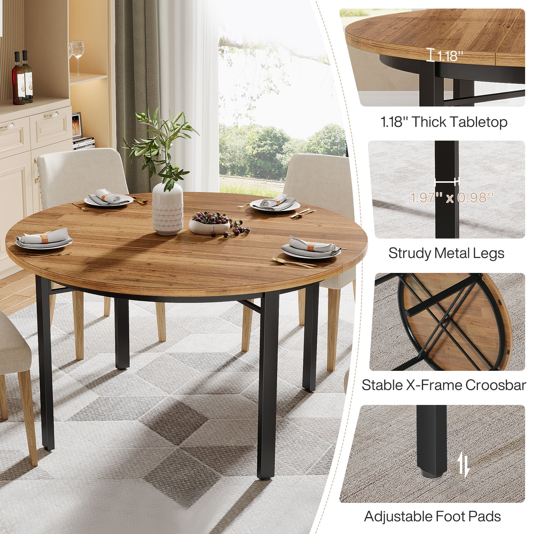 118,5 cm Ronde Eettafel Voor 4-6 Personen, Solide Metalen Poten Voor Keuken of Eetkamer