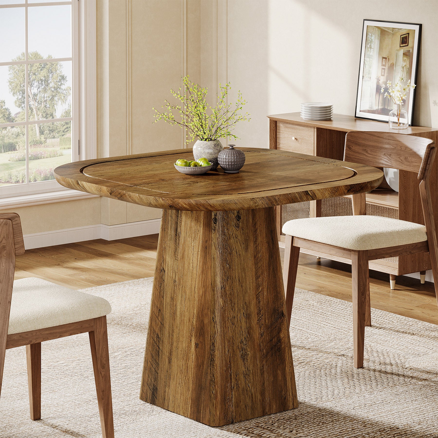 80 cm Vierkante Eettafel voor 2-4 Personen, Landelijke Keukentafel met Centrale Voet