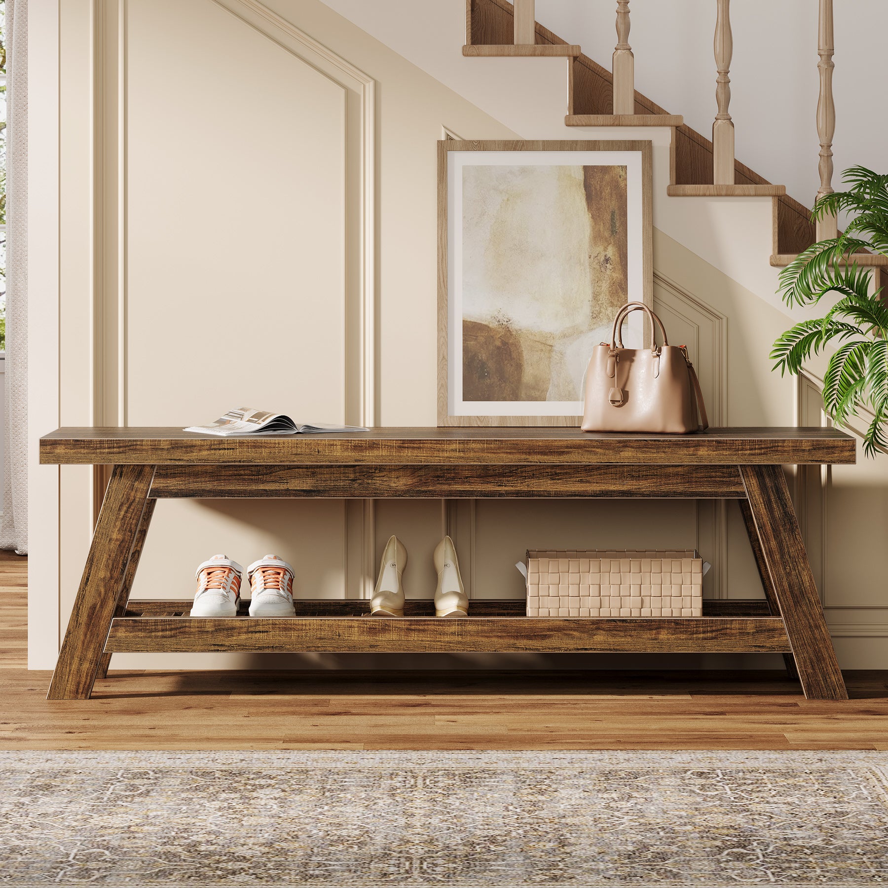 140 cm Houten Halbank met Opbergruimte, Smalle Schoenenbank met 2 Planken